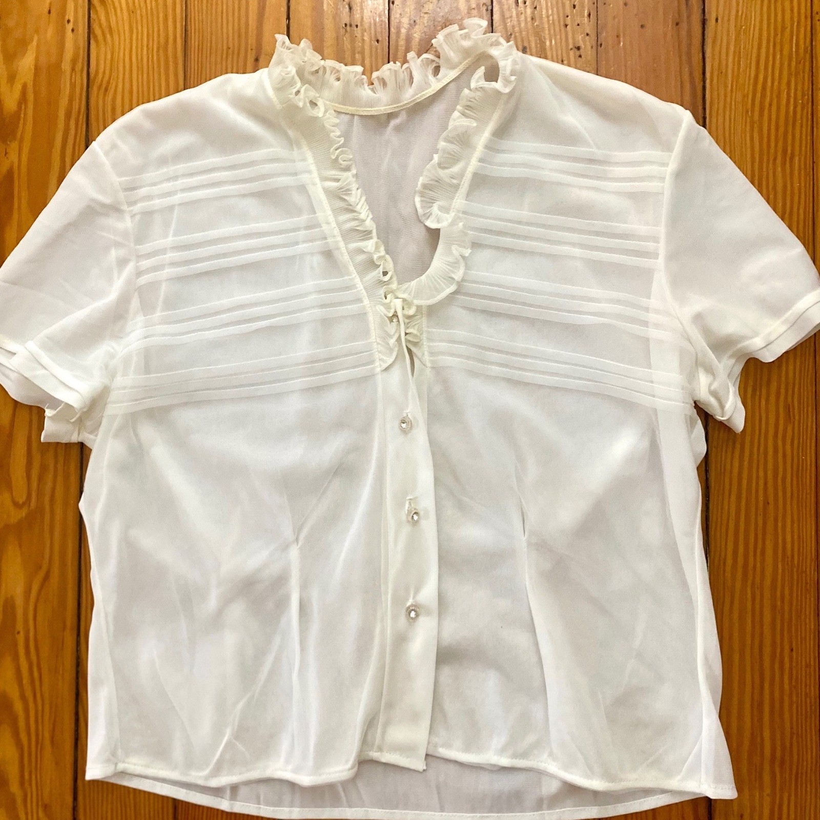 50’s VTG White Sheer Ruffle V-Neck Blouse Rhinestone Button feminine roka