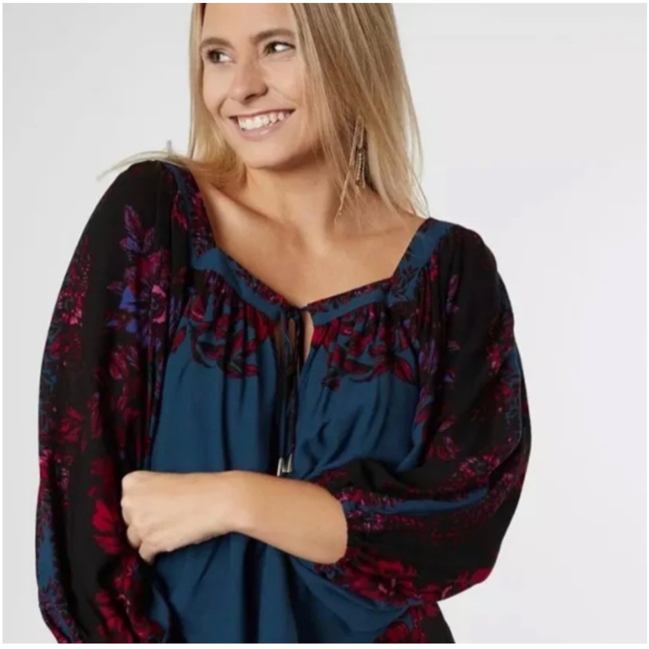 Free People Wild Memories Peasant Blouse in Dark Turquoise Size Small Light