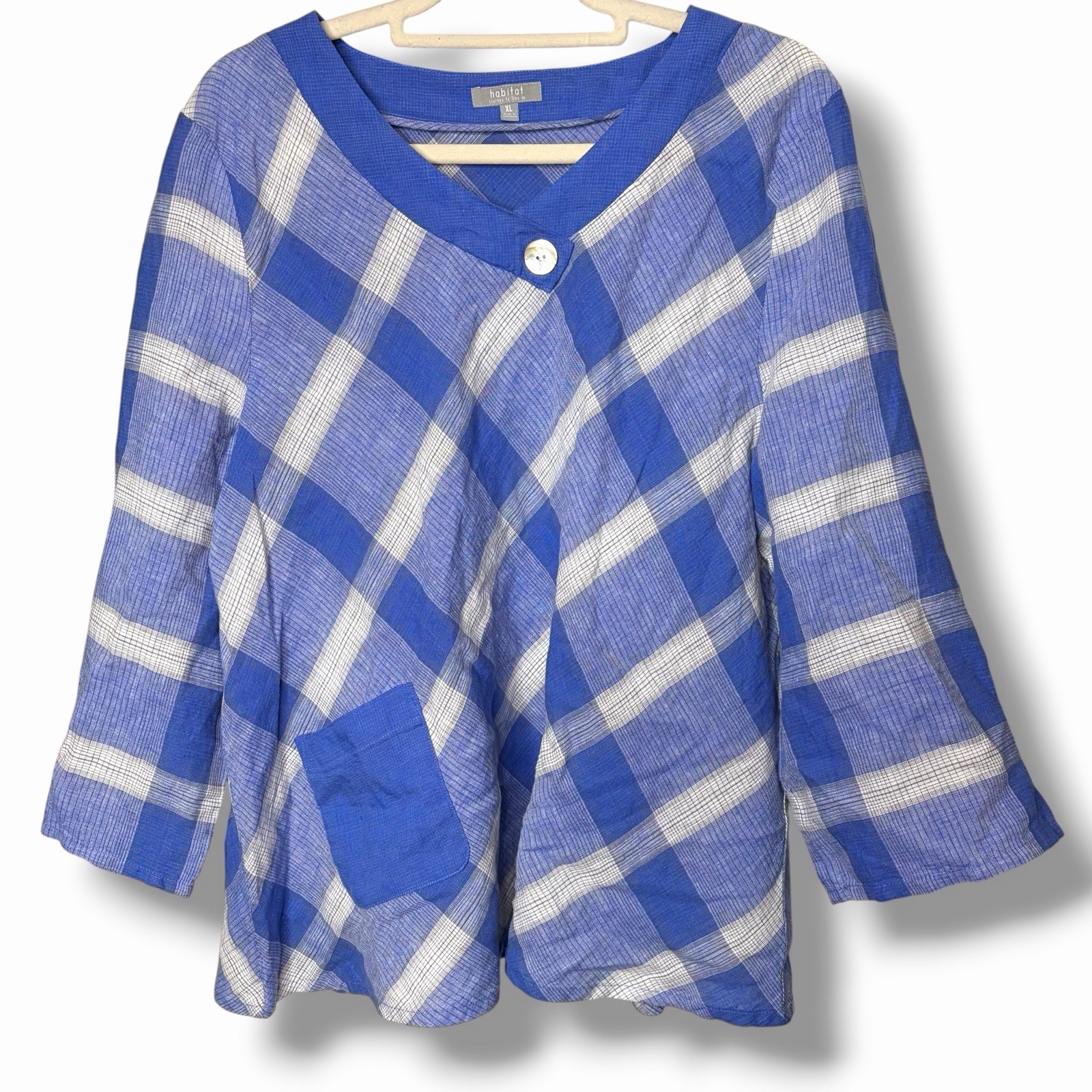 Habitat Top Womens XL Blue Linen Blend Diamond Pearl Button Boxy Art Lagenlook
