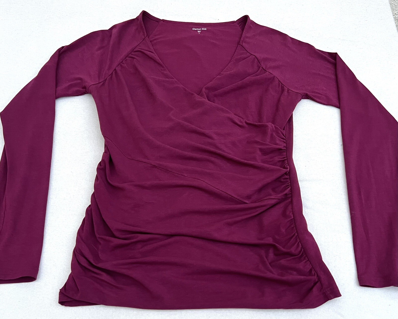 Garnet Hill Maroon Blouson Mock Wrap Jersey Knit Top Blouse Women’s Sz Small
