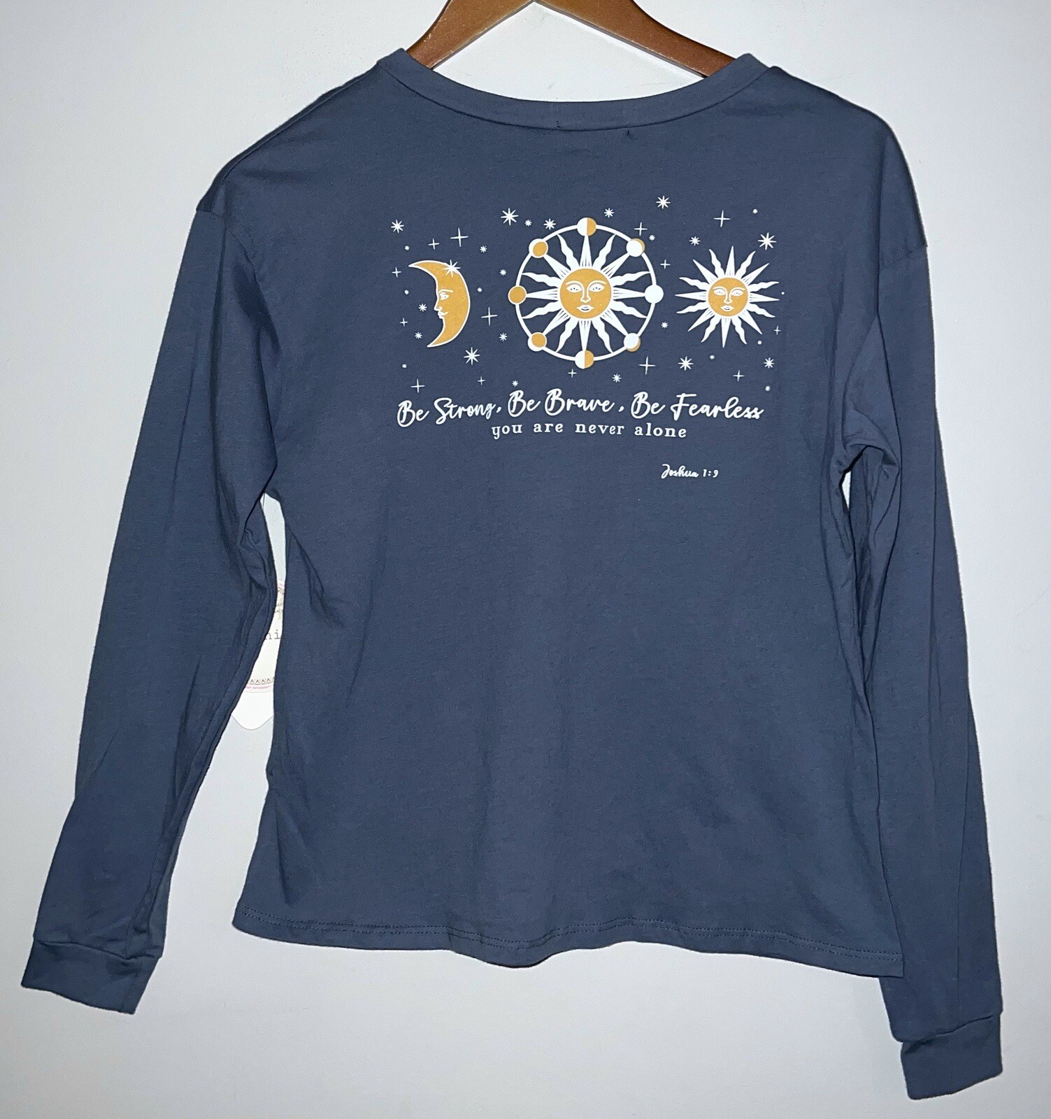 Moonchild NEW Womens Joshua 1:9 Celestial Sun Moon Shirt Tee Top Dark Blue Sz XS
