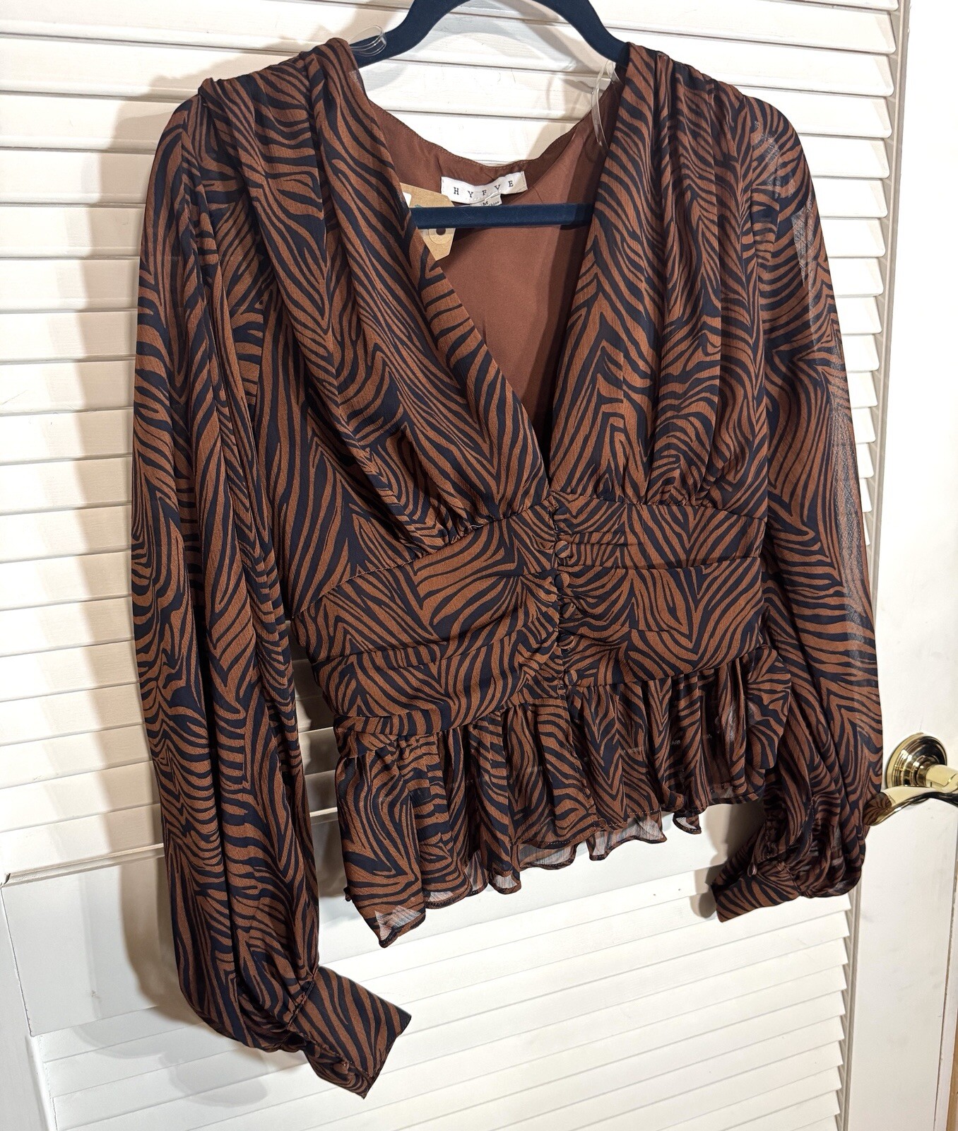 HYFVE Animal Print Blouse Women Size M Lined Sheer V Neck Classic NWT