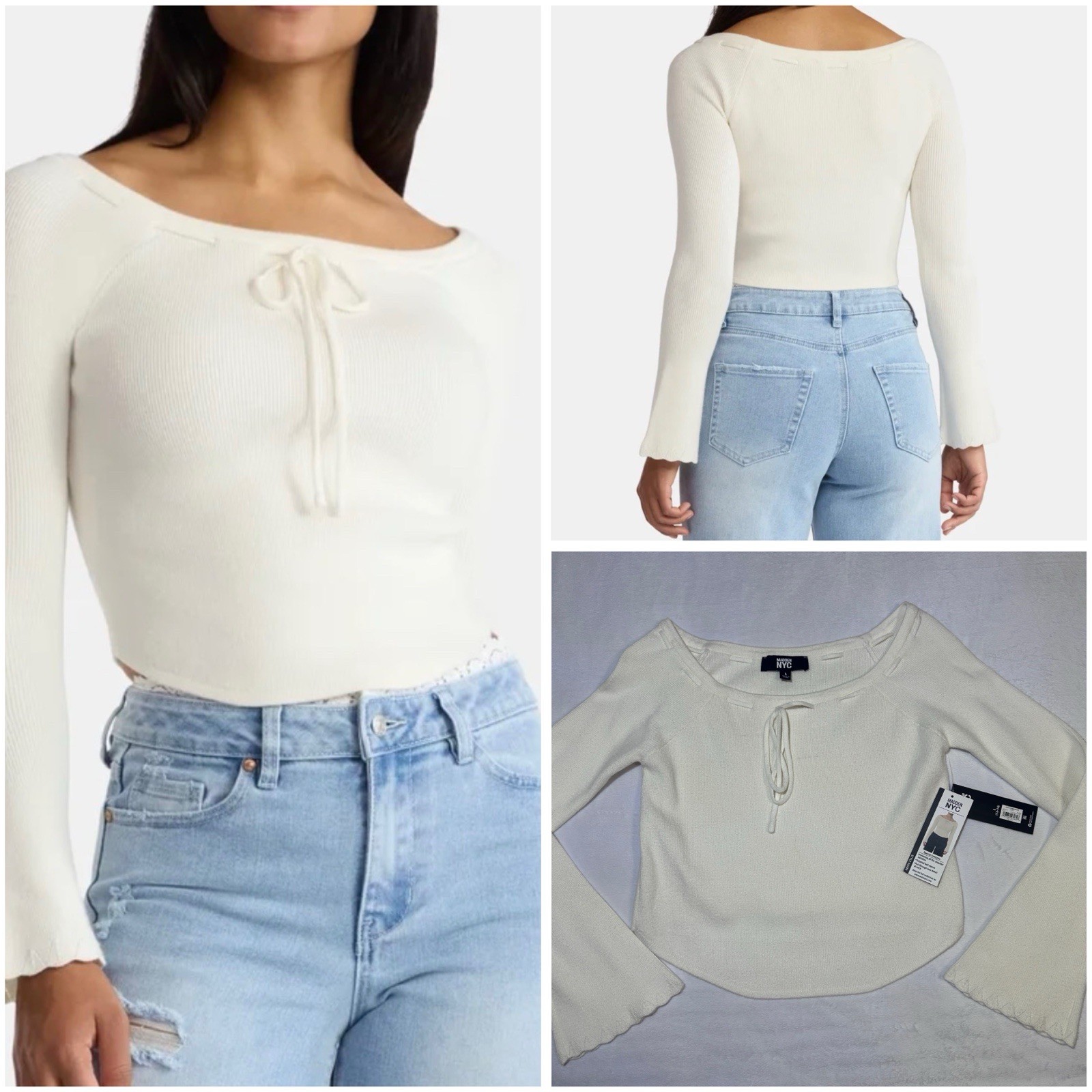 Madden NYC Juniors Ribbon Long Sleeves Cropped Top Ivory Size Large (12-14) NEW!