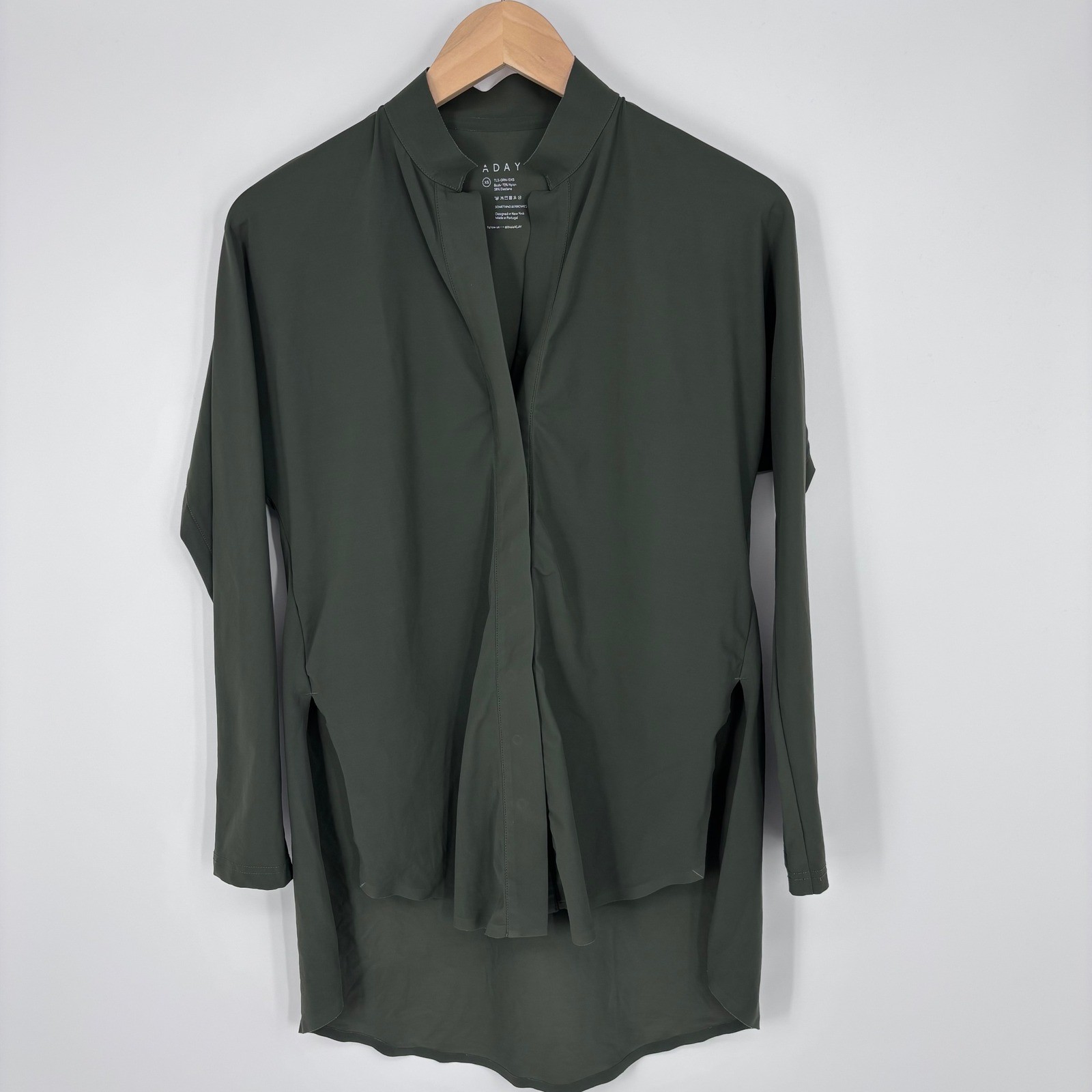 ADAY Something Borrowed Shirt Women XS Dark Green Technical Blouse Minimalist
