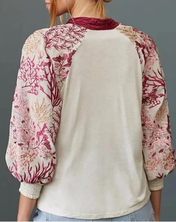 Anthropologie Tiny Floral Heavily Embroidered Bishop Puff Sleeve Boho Shirt XS