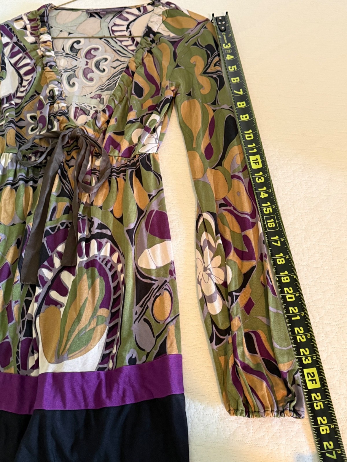 Hale Bob Green Multicolor V-Neck Long Sleeve Silk Tunic, Size S