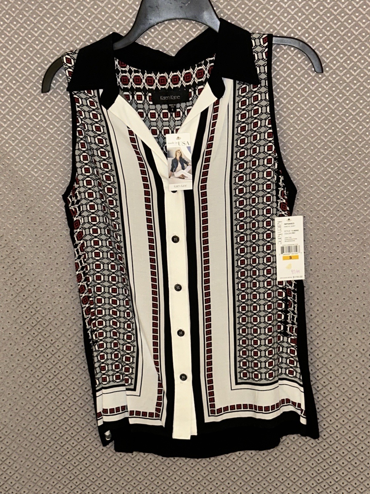 New (NWT) Karen Kane Infrared Geometric Print Sleeveless Blouse Black Red White