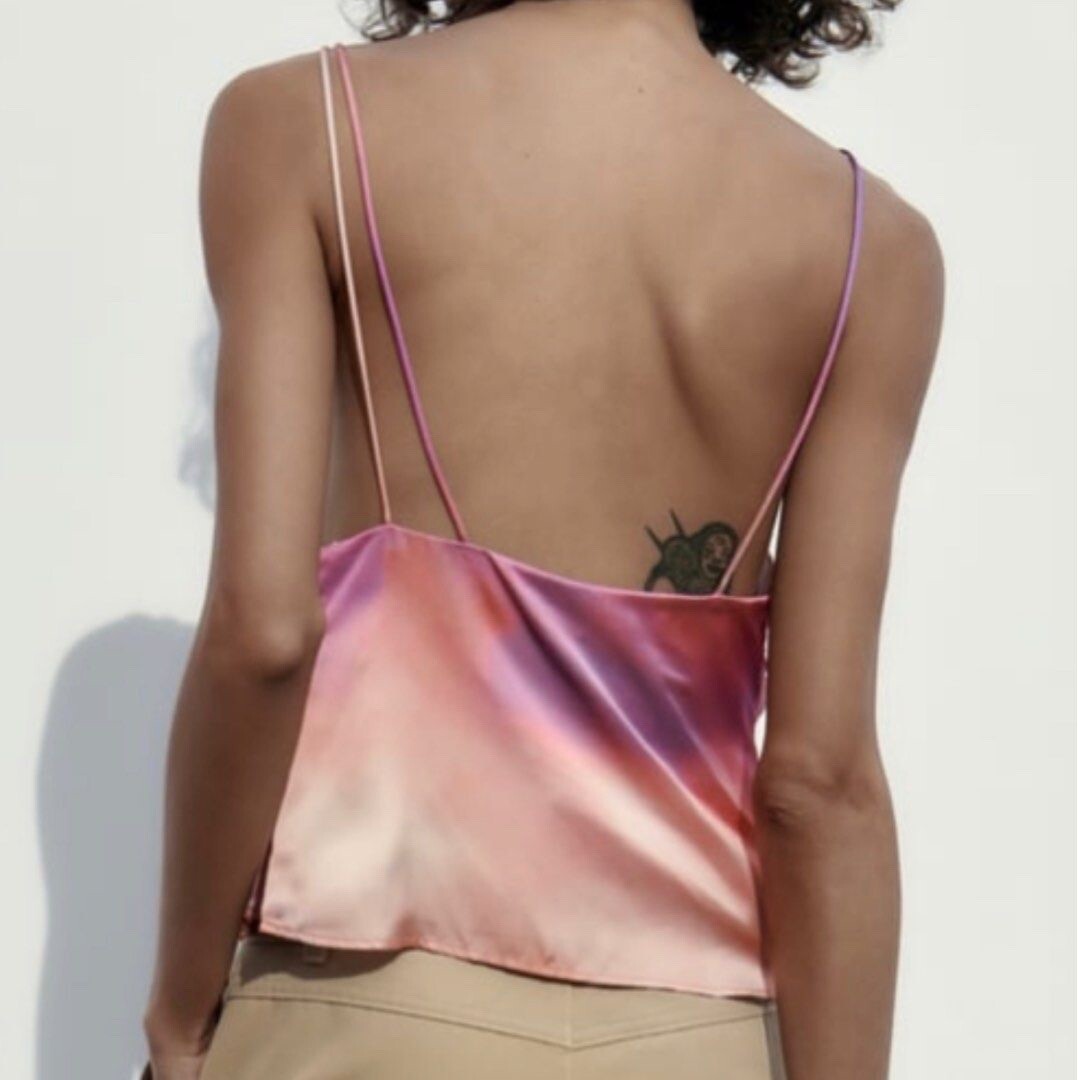 NWT Zara Asymmetric Purple Pink Ombre Print Top Spaghetti Straps Women’s Medium