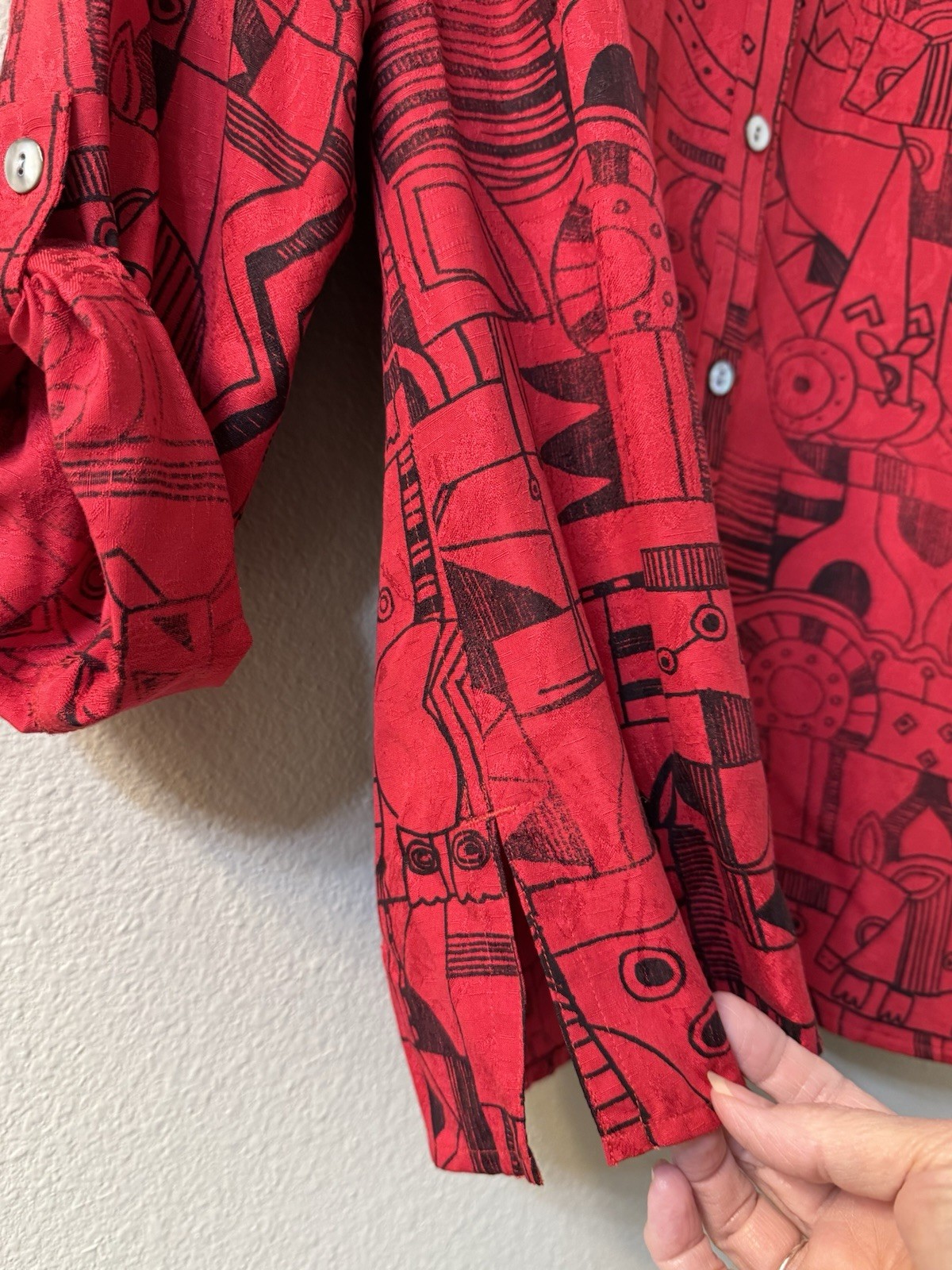 Chicos Tunic Top Size 2 Large 100% Silk Red & Black Art To Wear Geometric