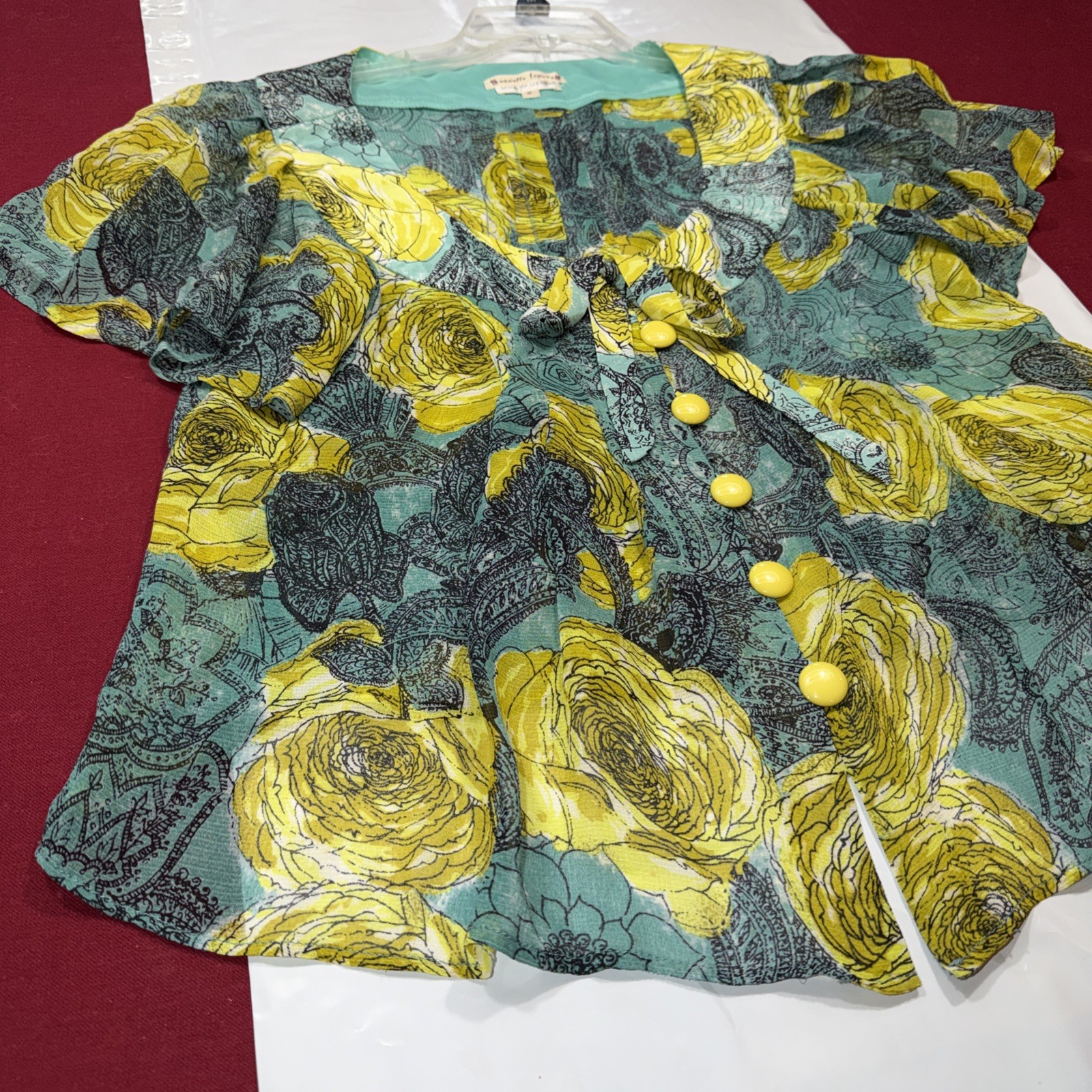 Nanette Lepore SILK Roses Blouse Flutter Sleeve Buttons Bow Lime Aqua SIZE 10 Lg