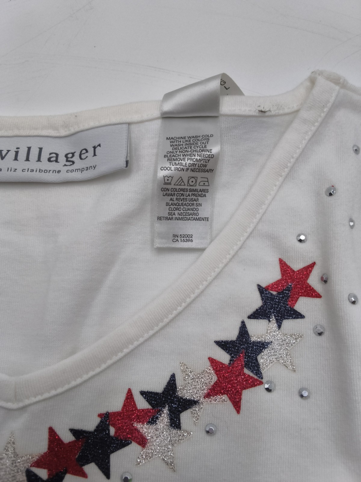 Woman’s Village Brand White Embellished Patriotic T-shirt NWT
