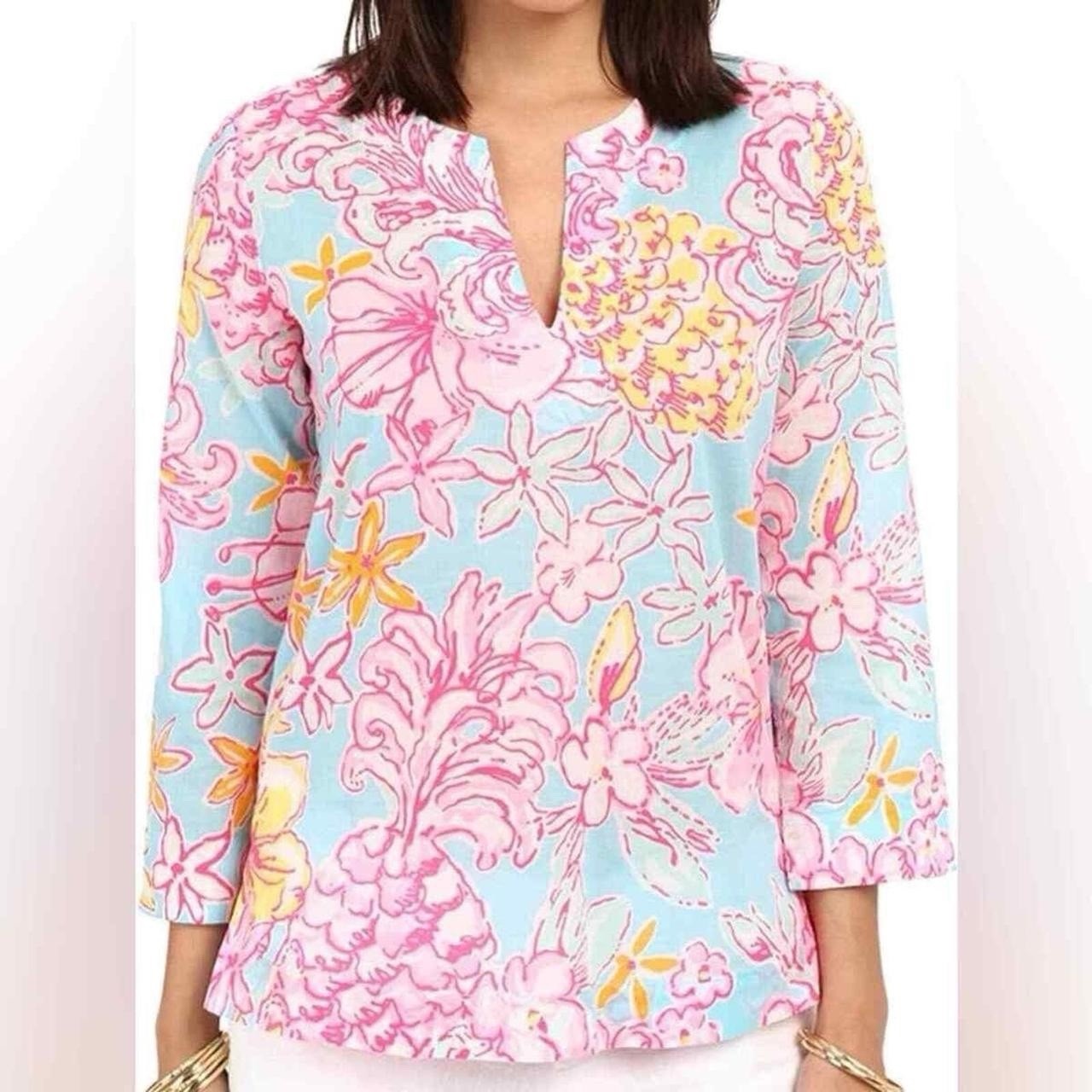 Lilly pulitzer Amelia Island Tunic Top Lolita Breakwater Blue size S pink 0069