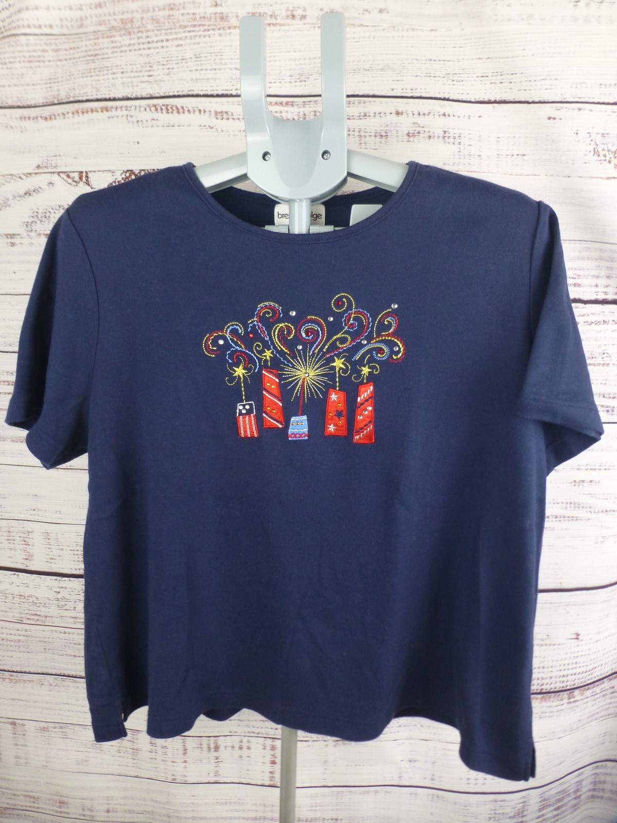 Breckenridge Women’s L Navy Blue Embroidered Rhinestone Fireworks T-Shirt K4A