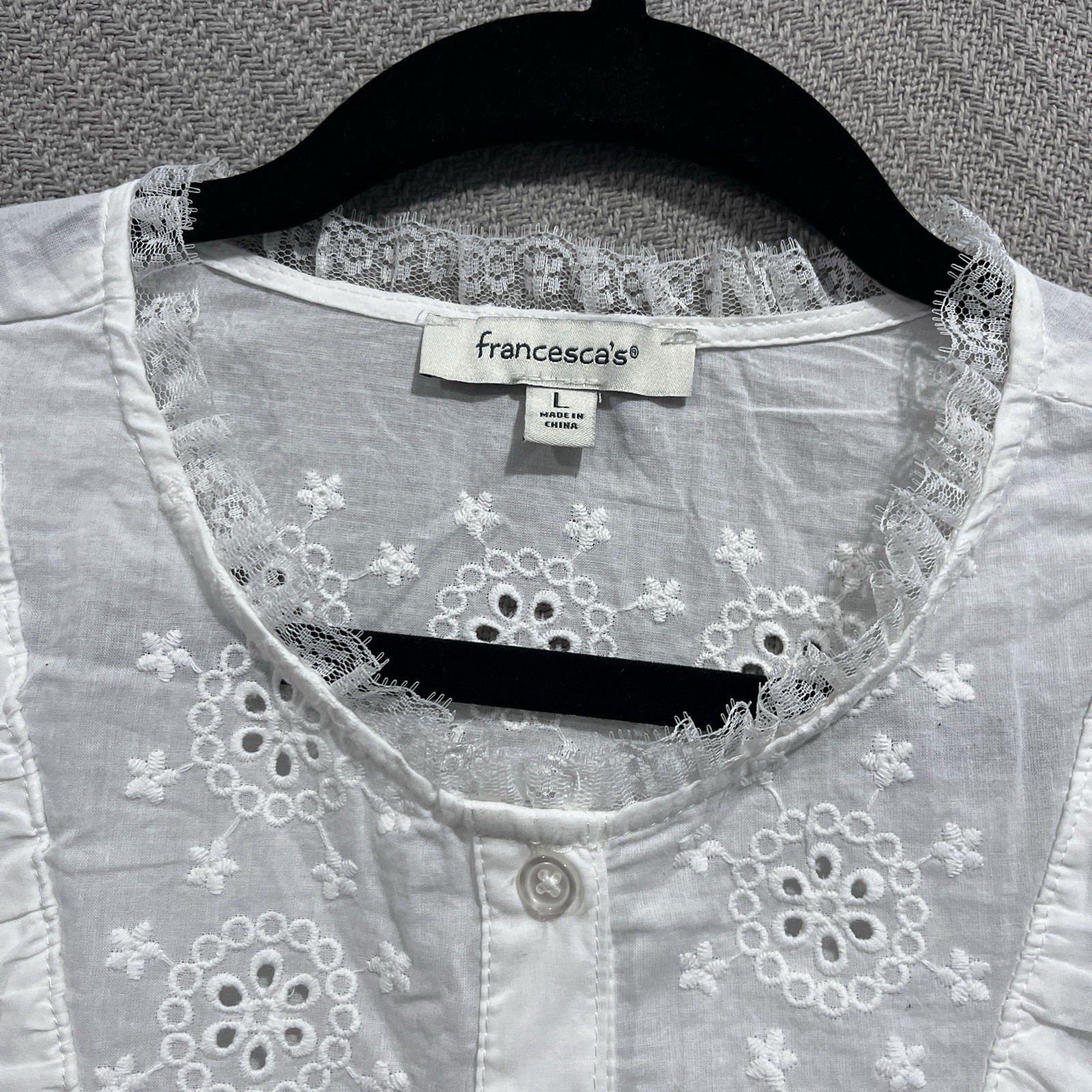 Francesca’s Blouse Womens Large White Eyelet Shirt Cotton Embroider Boho Peasant