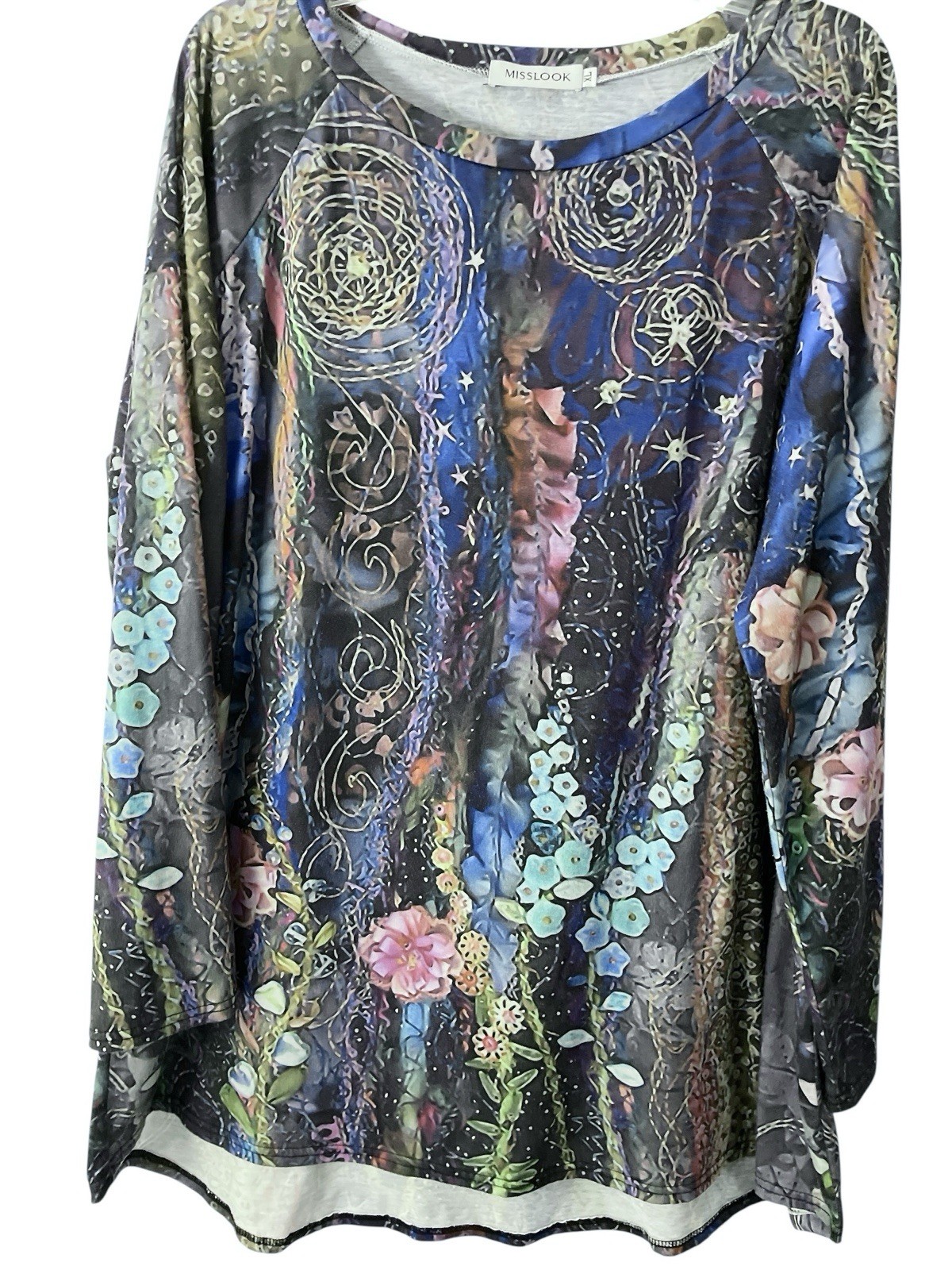 Misslook Top Women XL Scoop Neck 3/4 Sleeve Colorful Floral Flowy Knit Tunic