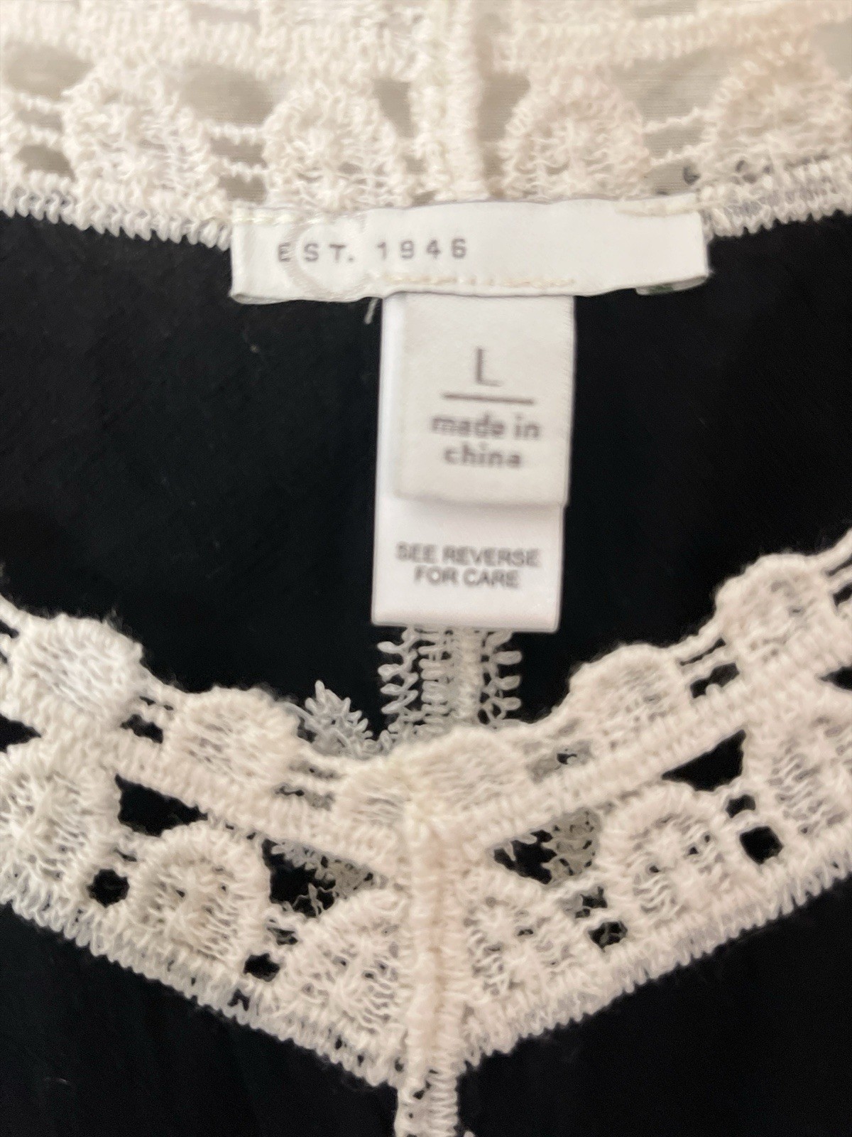 Est. 1946 Top Black Cream Crochet Lace Trim V Neck Short Sleeve Relaxed Feminine