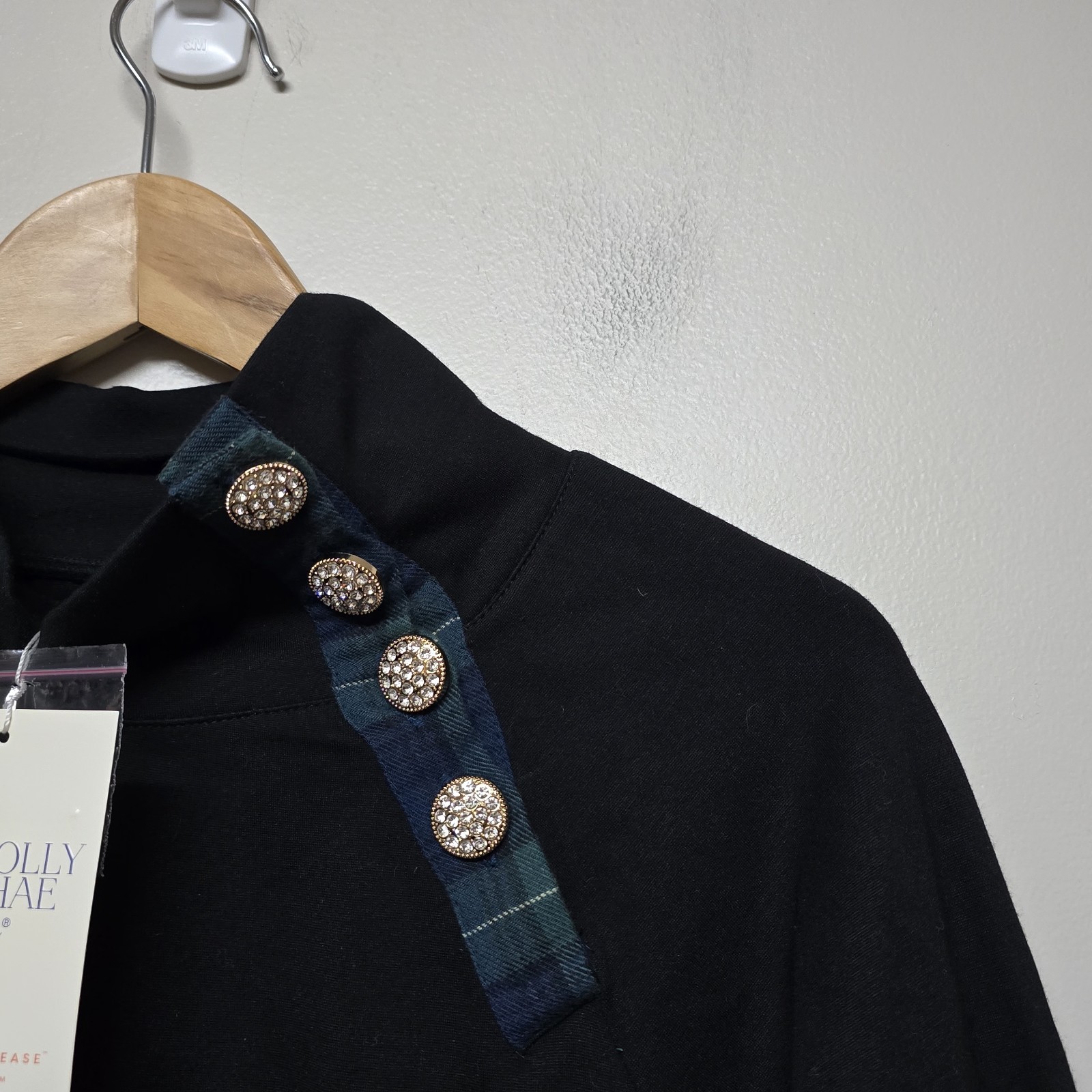 Holly Shae Georgia Black Embellished Tunic Top XS/M Mock Neck Plaid Buttons NWT