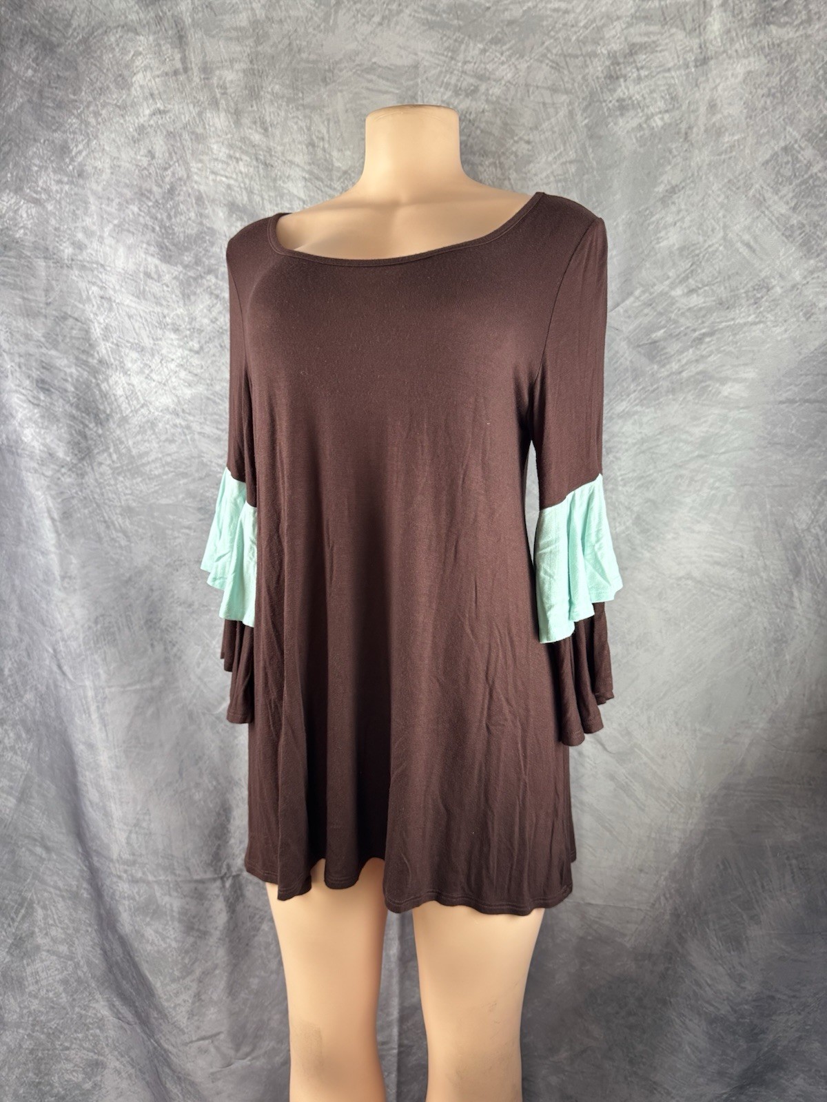 VOLL Brown Tunic Top Mini Dress Ruffle Bell Sleeve Aqua Womens Flowy
