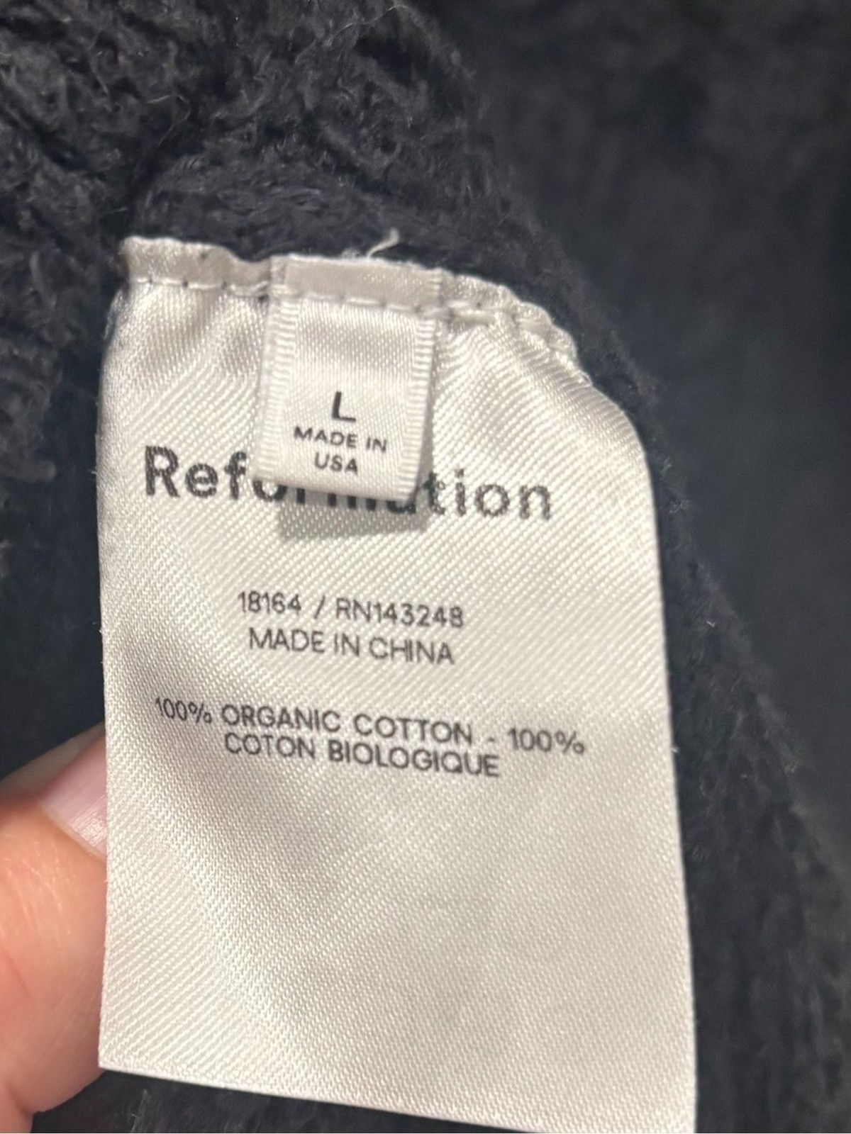 Reformation Black Teddy Crop Sweater Bralette | Size Large | 100% Organic Cotton