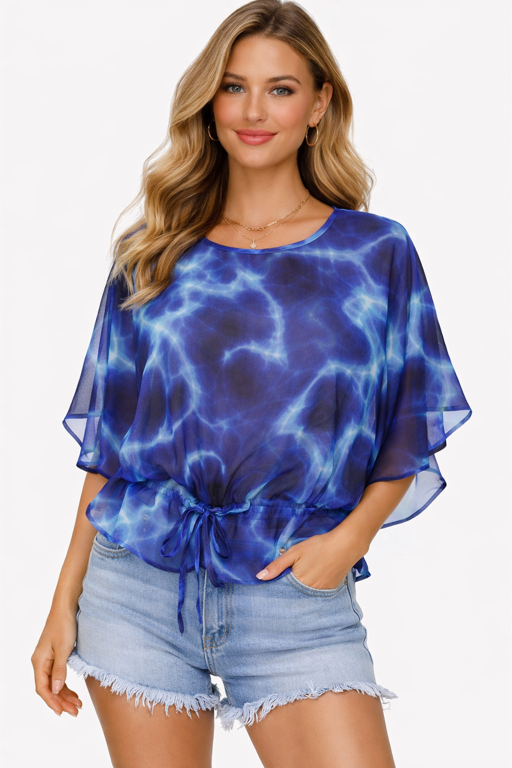 Outback Red Blue Sheer Chiffon Blouse XS Water Print Tie Hem Boho Top