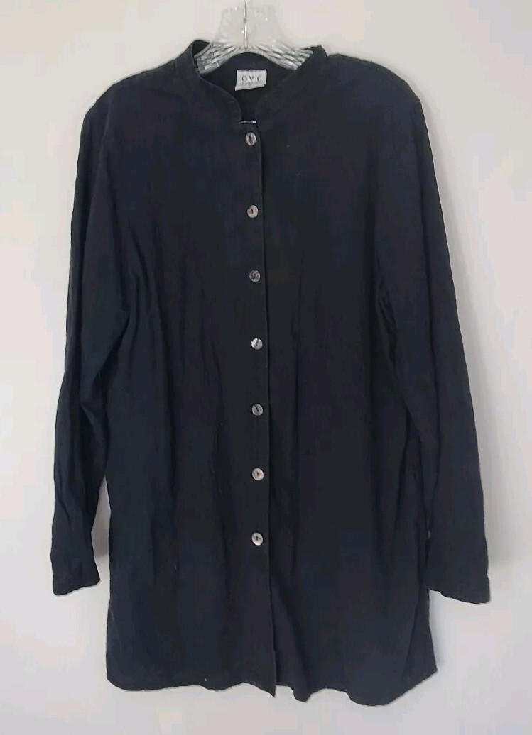 Color Me Cotton Black Long Sleeve Embroidered Button Up Tunic Sz. L Lagenlook
