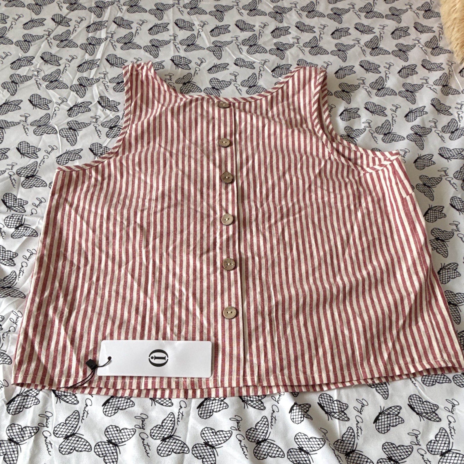 China Red White Striped 100% Cotton Sleeveless Button Front Top Women’s S