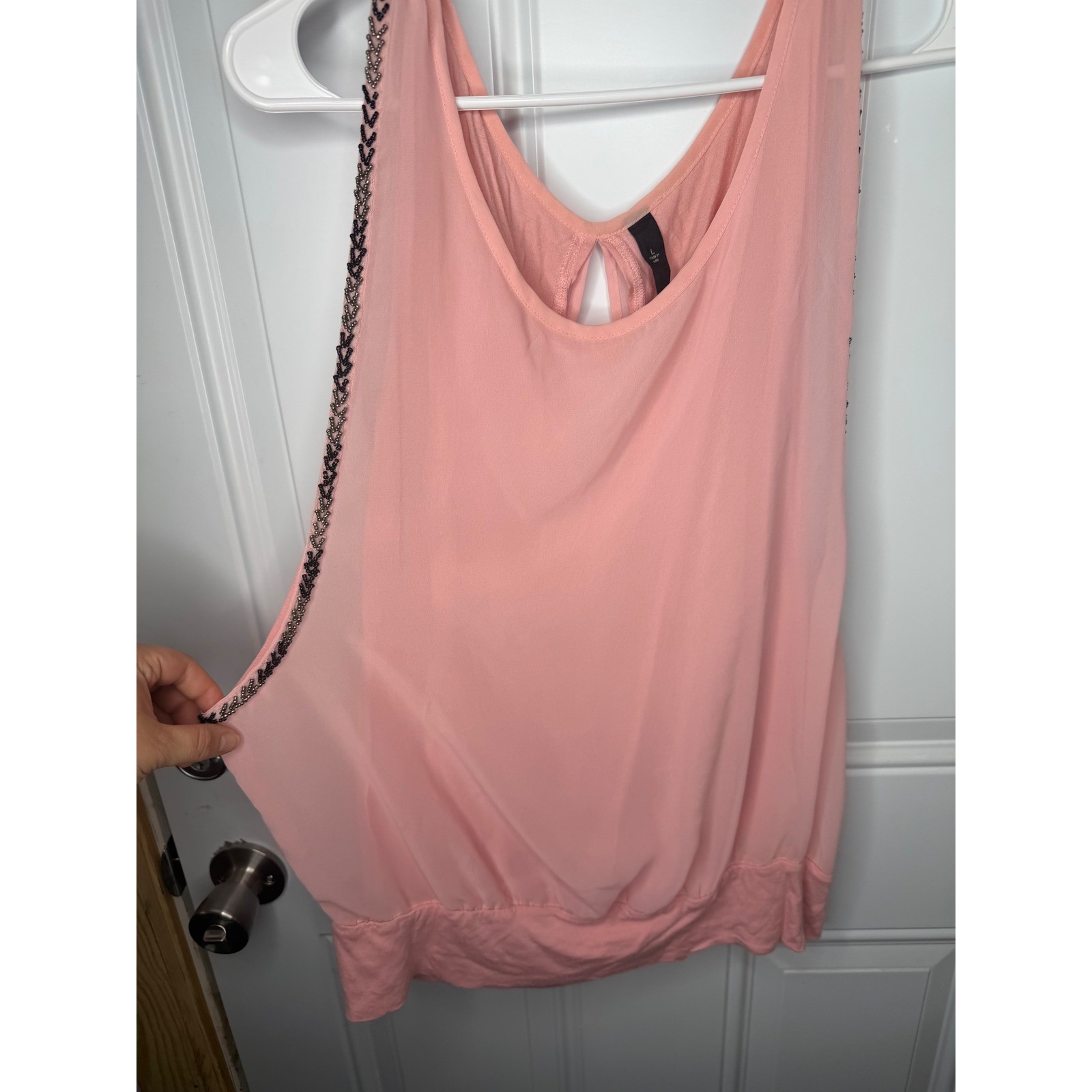 Peach Beaded Trim Chiffon Overlay Sleeveless Blouse Keyhole Back Top L