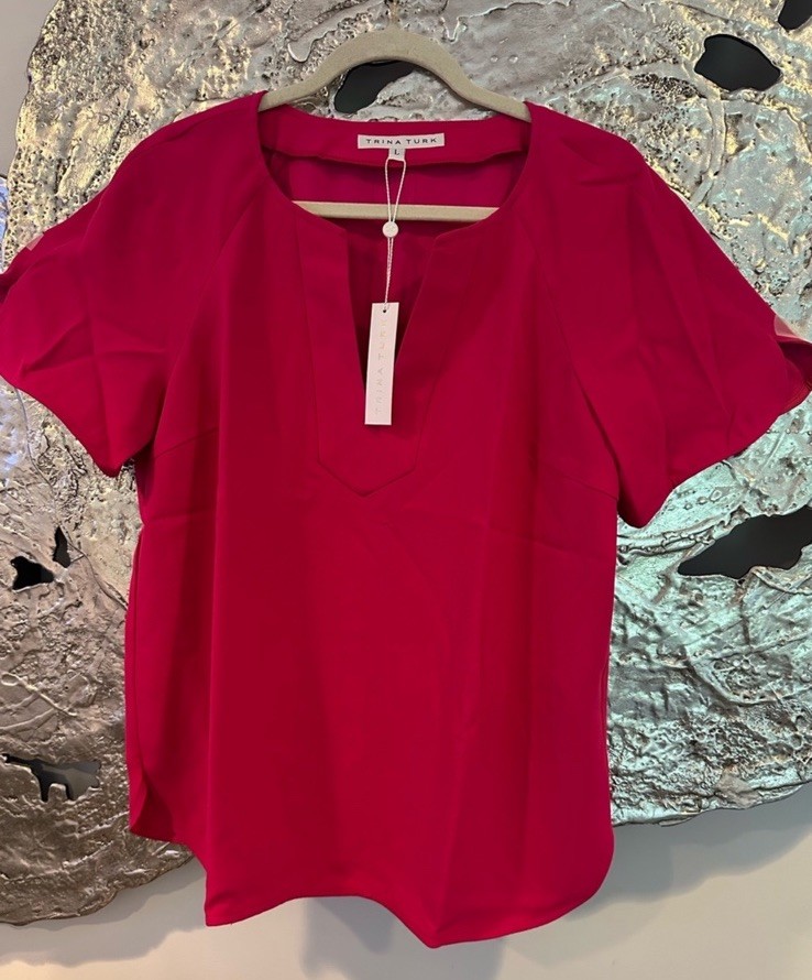 New Size Large Trina Turk Hot Springs Blouse Vibrant Fuschia PinK Hue