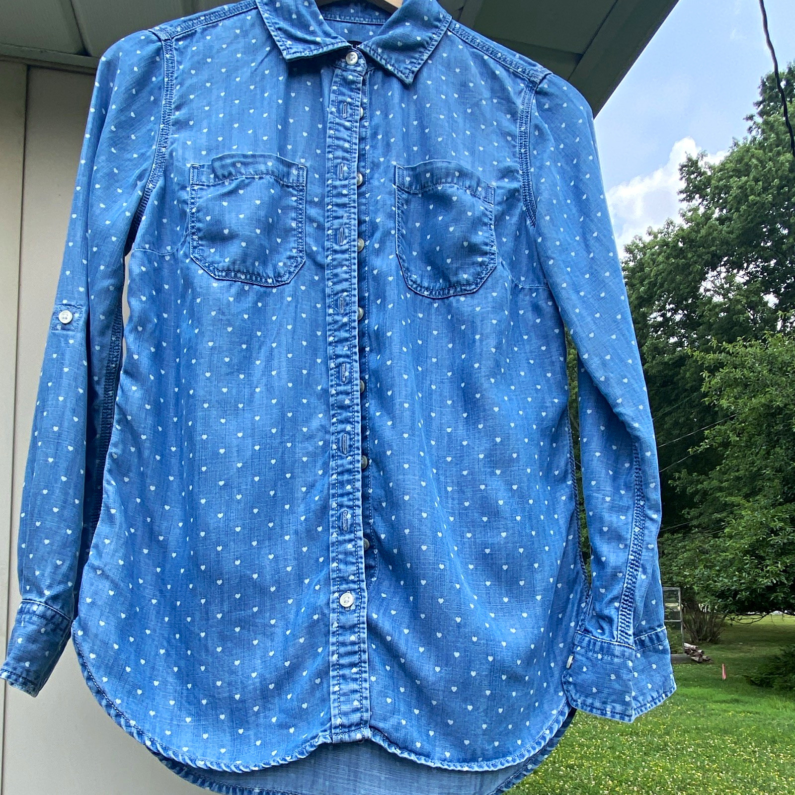 Talbots Women’s Petites P Blue Heart Long Sleeve Collared Button-Up