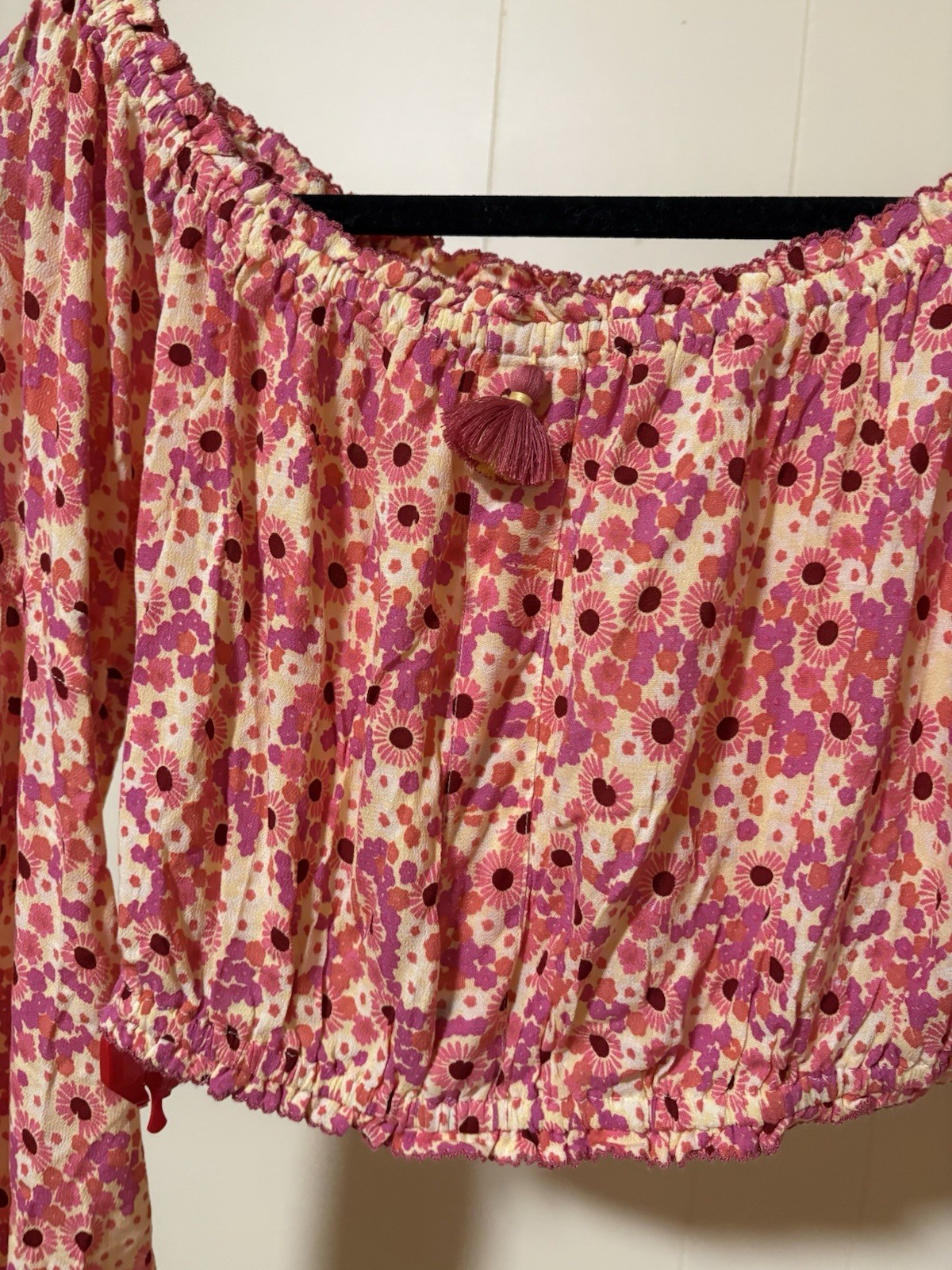 Poupette St Barth Floral Off Shoulder Cropped Blouse Ruffle Tassel Stretch M