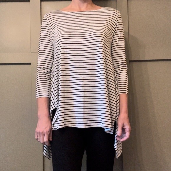 Comfy USA A-Line Tunic Top Black & White Stripes 3/4 Sleeve Modal Super Soft XS
