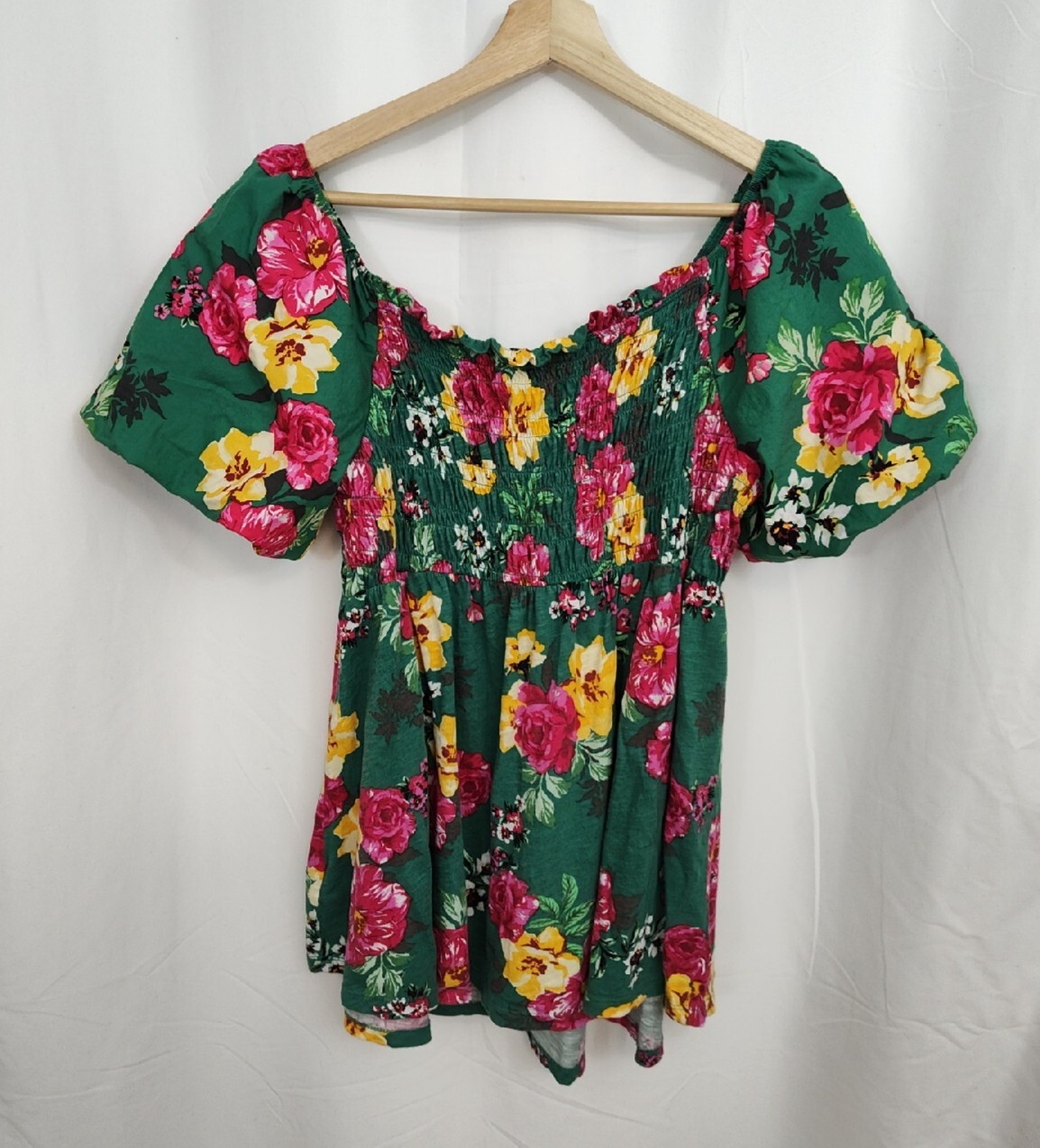 Torrid Blouse Women’s l or 12 Green Floral Smocked Bodice Baby Doll Cotton Blend