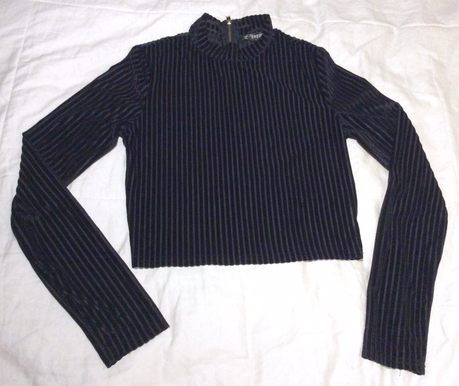 Shein Black Velvet Long Sleeve Ribbed Mock Neck 3/4 Zipper Crop Top Adult M