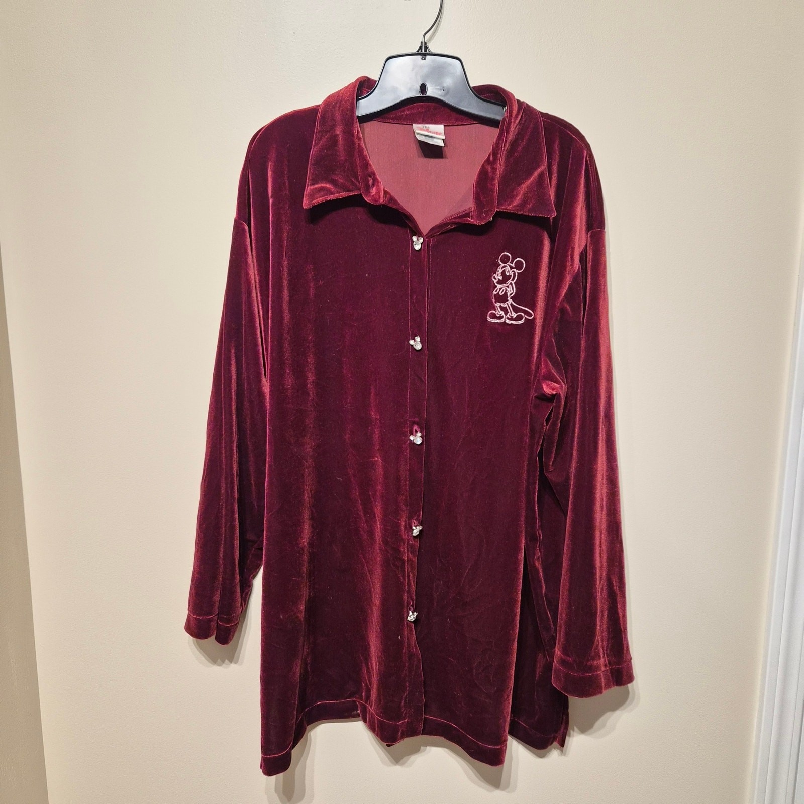The Disney Store XXL Velour Red Burgundy Mickey Mouse Long Sleeve Button Down