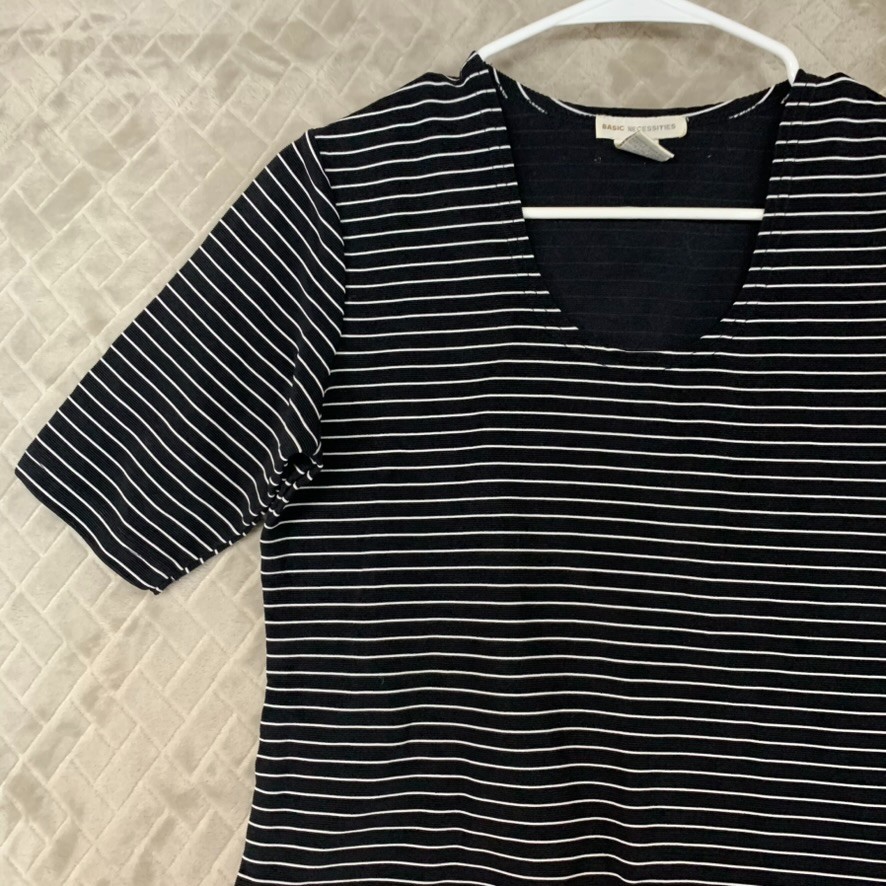 Basic Necessities Shirt Womens M Black Striped Short Sleeve Nylon Blend