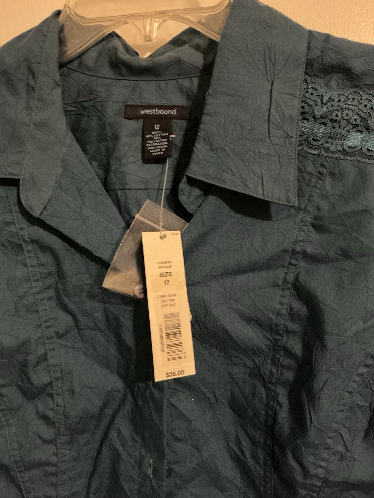 Westbound Blue Solid Collared 3/4 Sleeve Lace Trim Button-Up Shirt 12