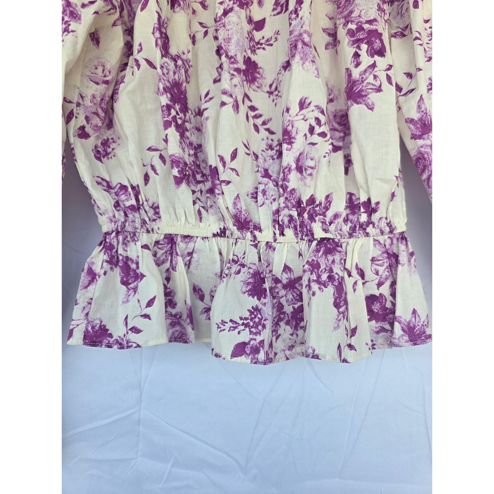 Flying Tomato Purple Floral Off The Shoulder Smocked Peplum Blouse Cotton Medium