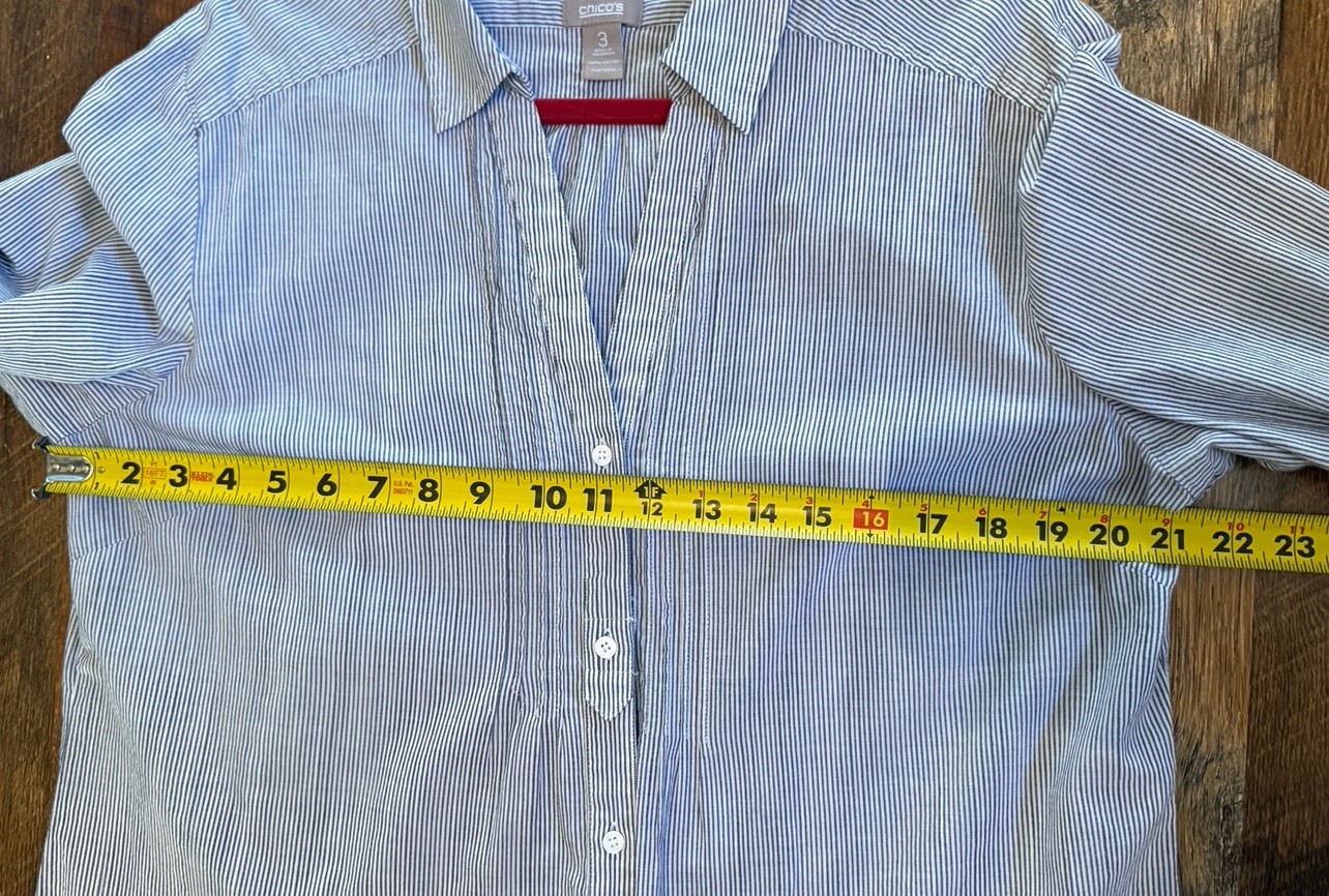 Chico’s Blue White Pin Striped Button Front Top Size 3/XL Roll Tab Sleeves