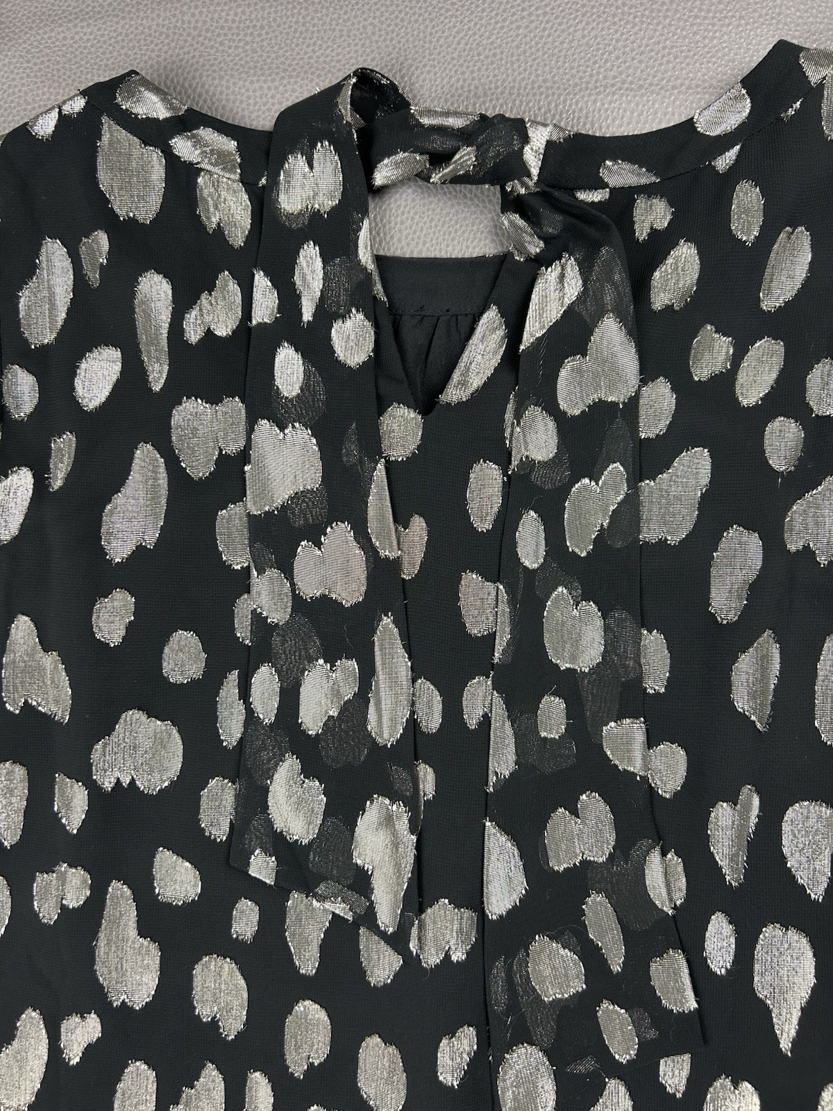 NEW Talbots Petite Medium Black Silver Polka Dot Long Sleeve Dressy Top Chiffon