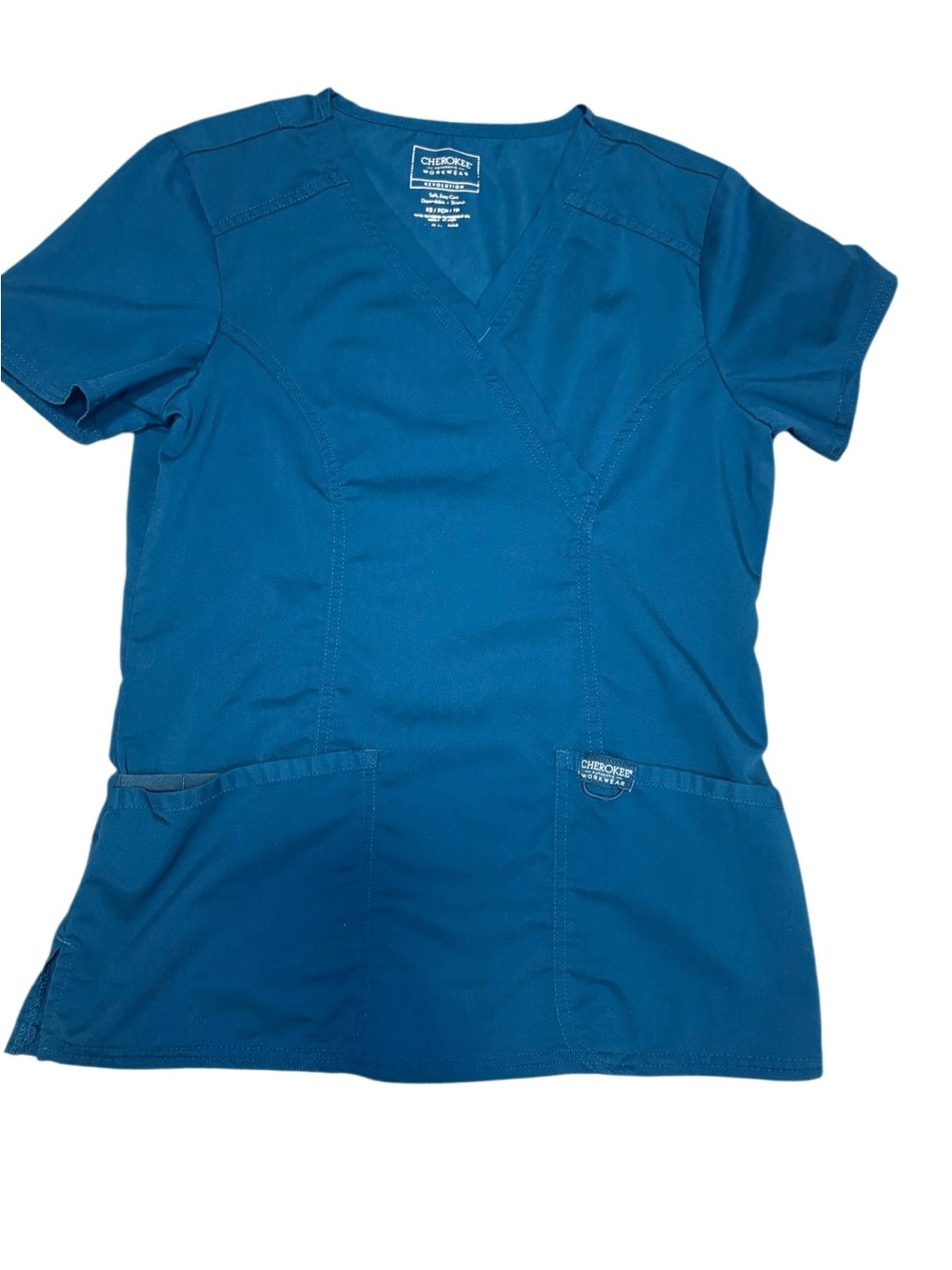 Cherokee Workwear Revolution Mock Wrap Scrub Top. Turquoise. Sz XS. Great Cond