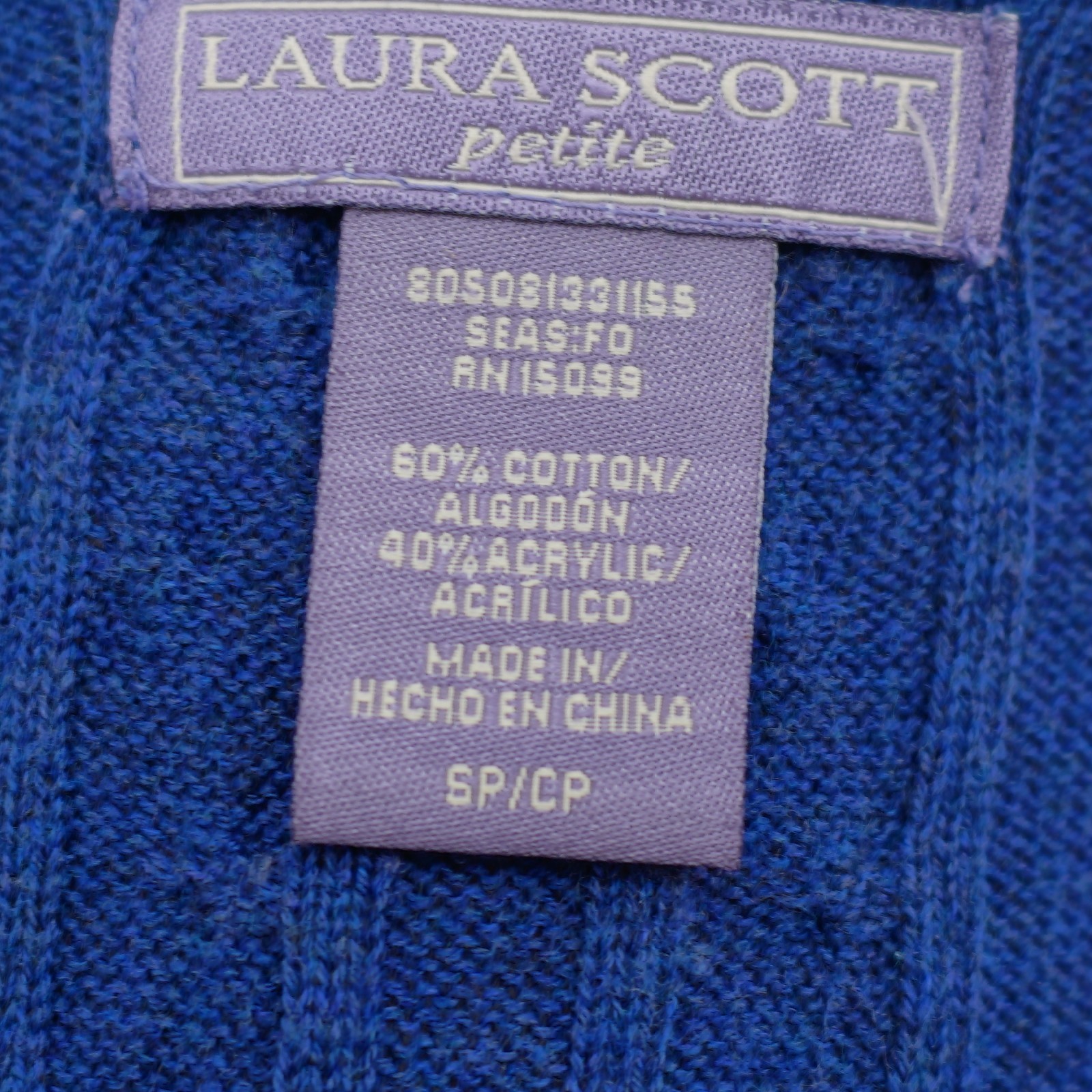 Laura Scott Blue Petite Small Ribbed Cotton Acrylic Knit V-Neck Sweater