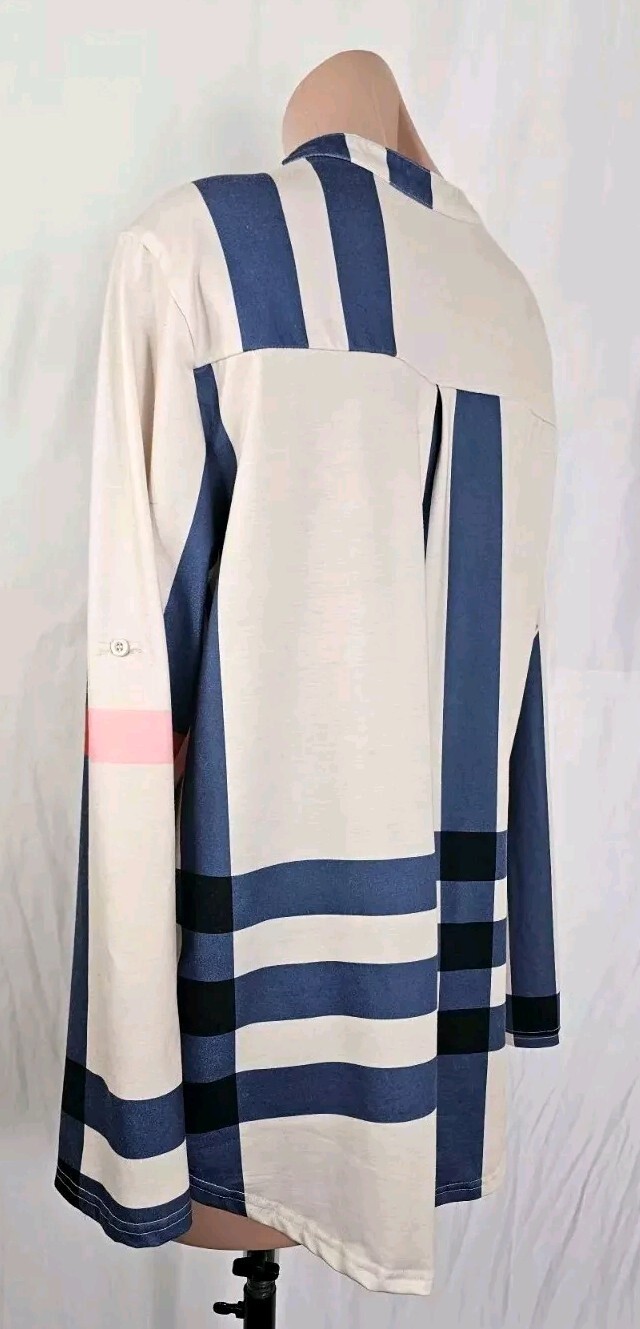 Moyabo Women’s Beige Blue Pink Red Striped 3/4 Zip Long Sleeve Shirt Size XL