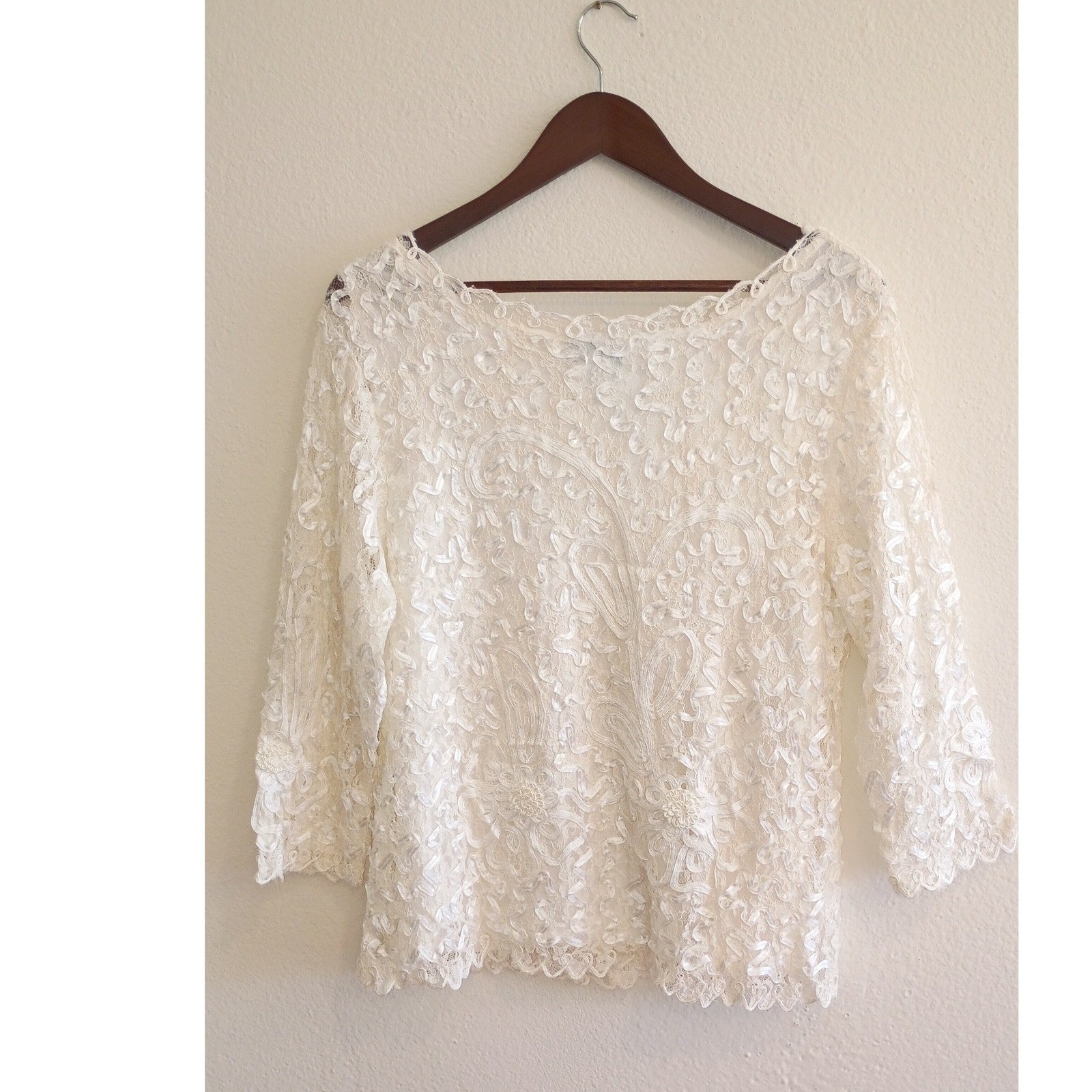 Vintage S.M. Collection Ivory Lace Ribbon Embroidered Blouse Pearl Sequin XL
