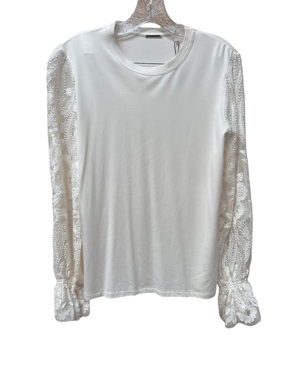 ELIE TAHARI Ivory Embroidered Puff Lace Long Sleeve Crewneck Blouse – Large