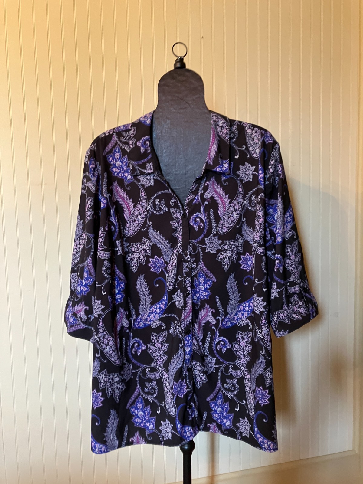 CATHERINES ~3XWP~Purple /Black Paisley~3/4 SLV~Comfort Stretch~FALL Tunic Blouse