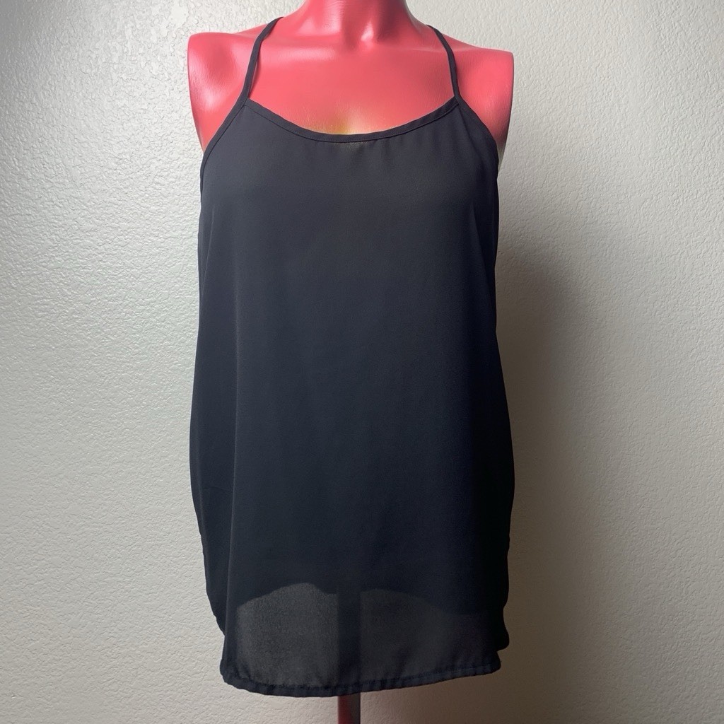 Black Chiffon Cami Tank Top Strappy Criss Cross Back Sheer Hem Flowy Blouse M