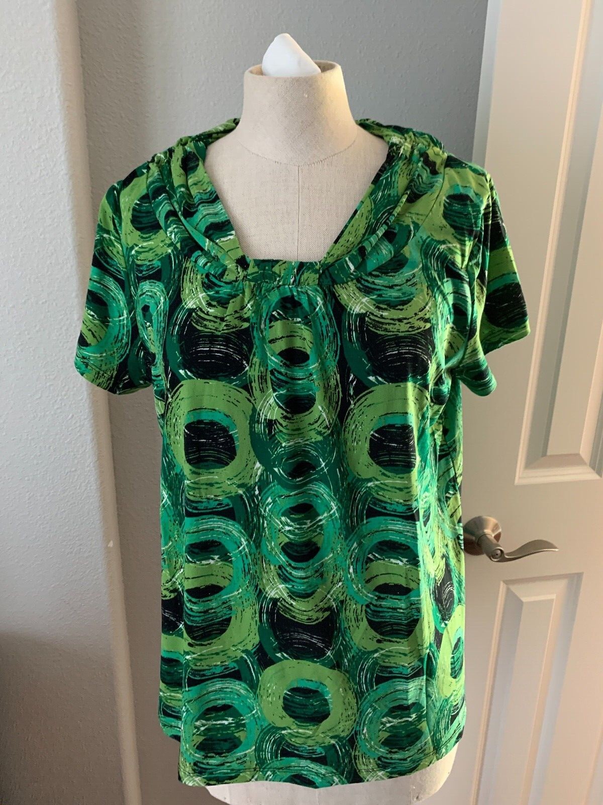 VTG Rafaella Womens Pleated Scoop Neck Short Sleeve Stretch Top L 40″Chest RETRO