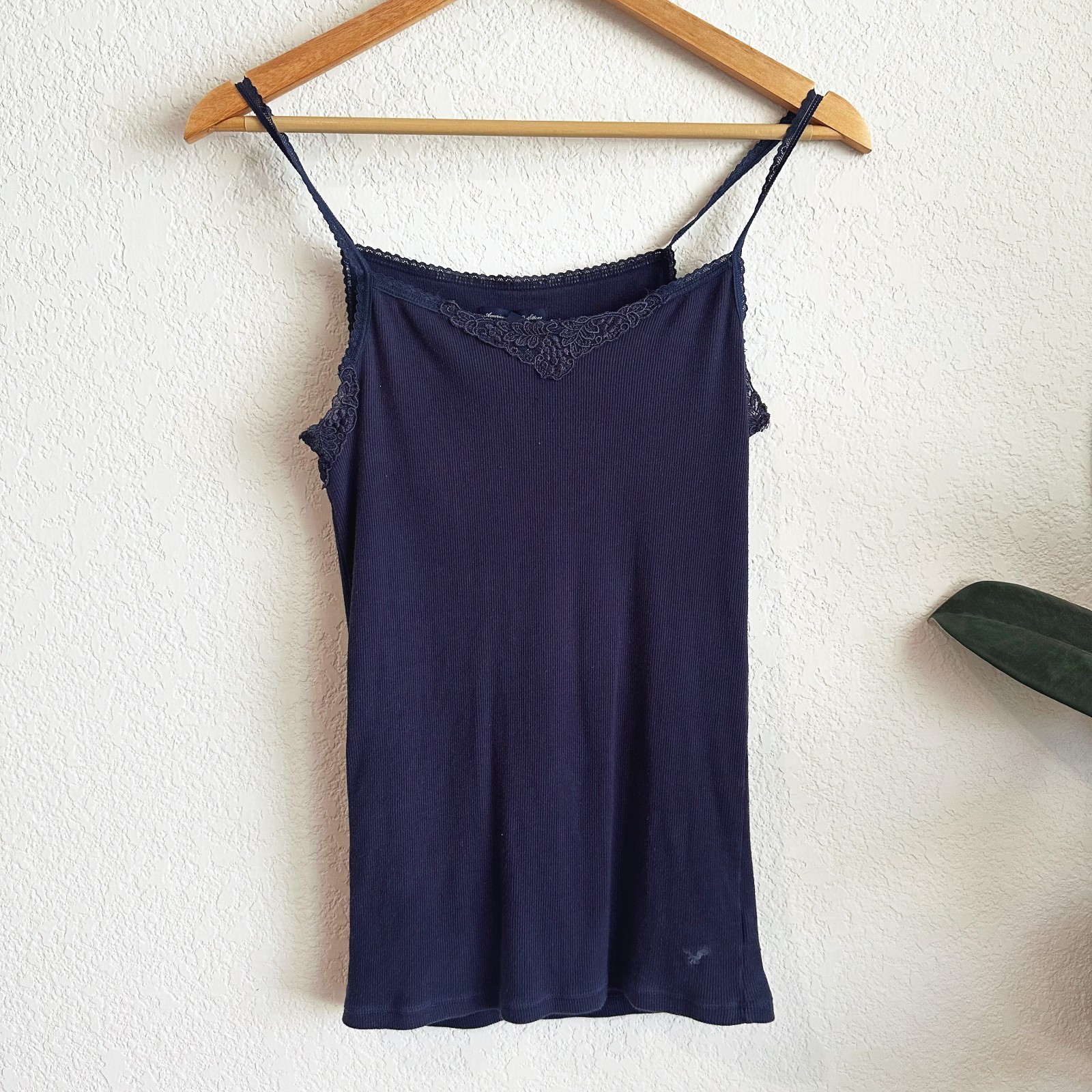 VTG Y2K American Eagle Tank Top Cami Medium Lace Trim Elena Bella Blue Dainty