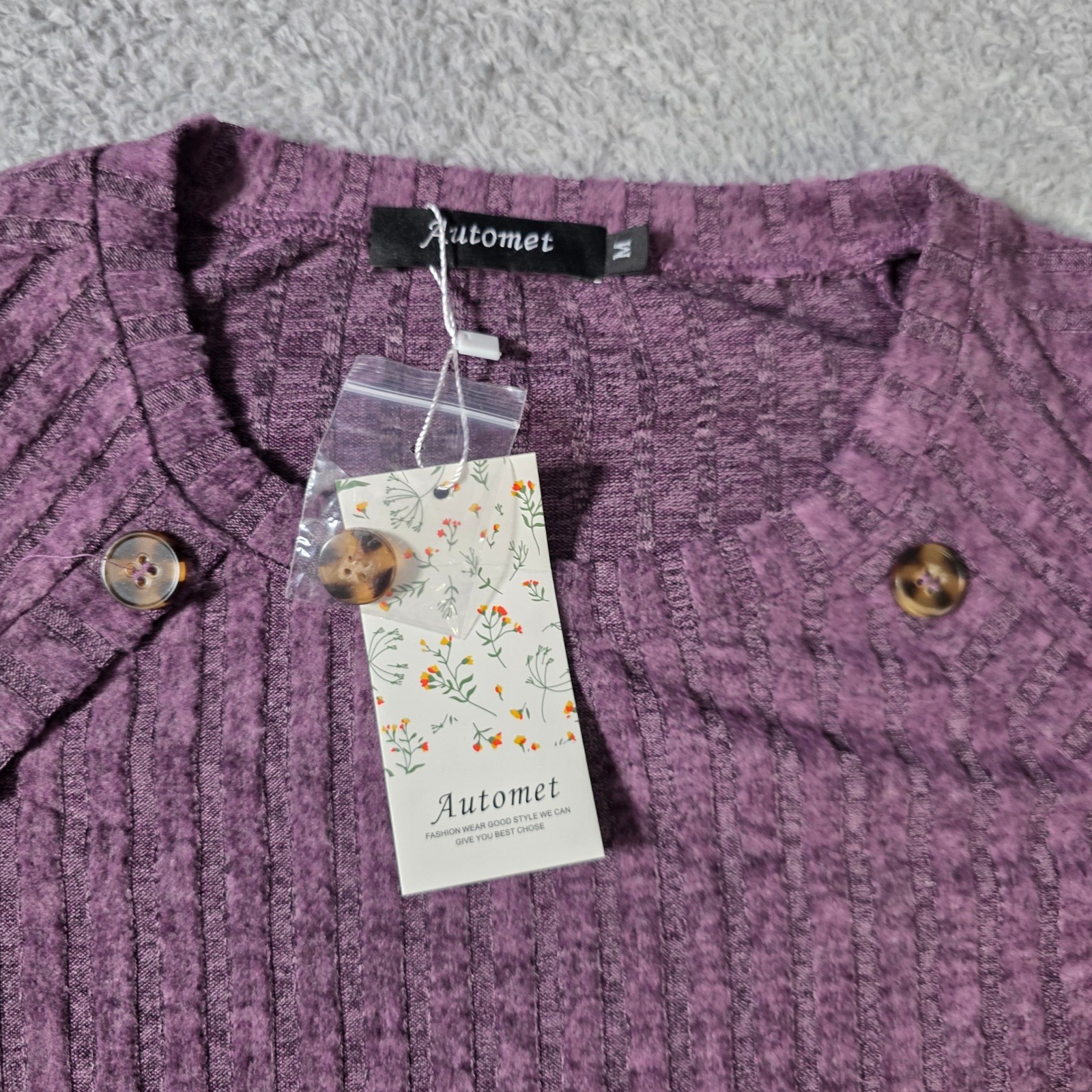 Automet Womens M Top Purple Ribbed Knit Long Sleeve Button Shoulder SZ250202