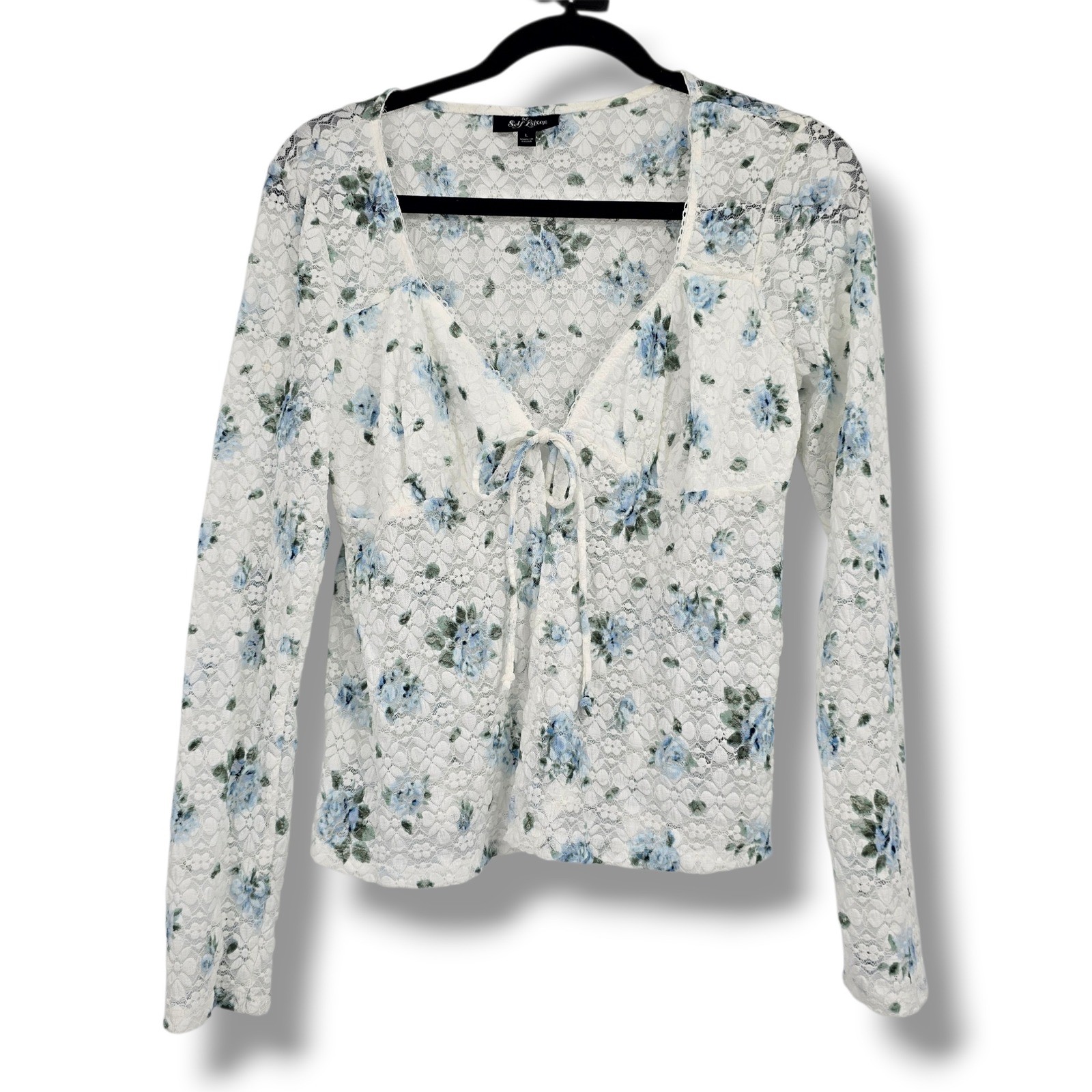 Self Esteem Women Blue Floral White Lace Long Sleeve Tie Front V-Neck Top Large